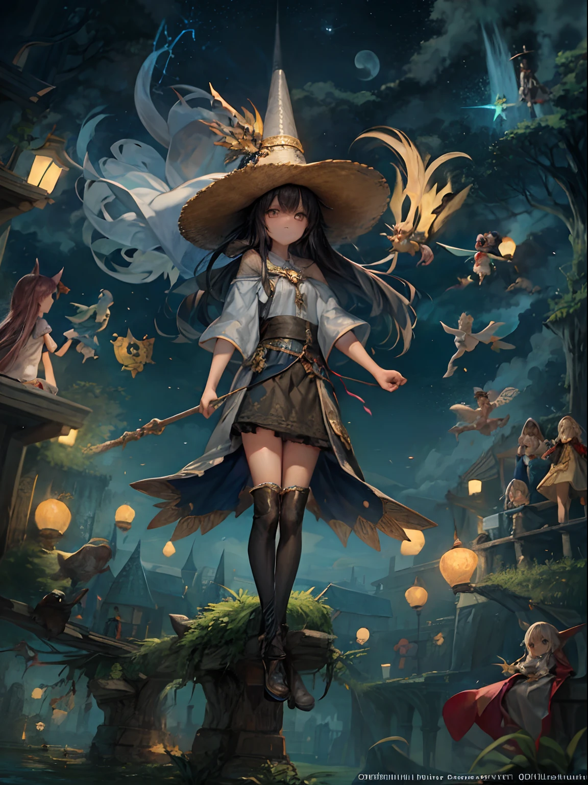 obra maestra, mejor calidad, ultra detallada, illustration,grupo de podersos magos y brujas,grupo en primer plano, fantasy, vuelo, escoba,aura,poderes, cielo nocturno, aire libre, magia, hechizos, luna, estrellas, nubes, viento, cabello, capa, sombrero, botas, palo de escoba, brillante, misterioso, encantador, caprichoso, frisky, aventurero, libertad, asombro, fantasi, determination, habilidad, velocidad, movimiento, energy, realismo, naturalista, figurativo, representativo, belleza, Fantasy culture, Mythology, cuentos de hadas, folclore, leyendas, brujas, magos, magical creatures, fantasy worlds, compositing, escala, primer plano, middle ground, fondo, perspectiva, luz, color, textura, detalle, belleza, asombro.