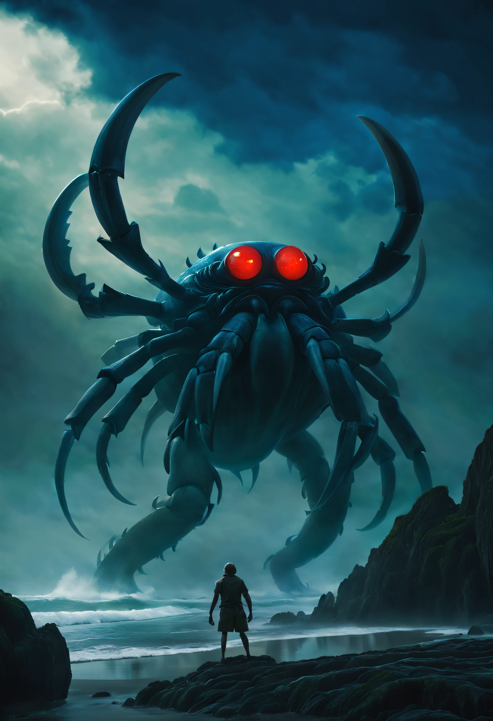 （A giant crab stands in the fog and stares fiercely at a man begging for help），（a creature 5 meters tall:1.0），（Huge red eyes are unusually bright：1.37）（The thick legs of two giants stand on the reef） ，，（The shell of a giant crab is dark green），（goldtrim）, （Dark blue wide oval abdomen）, （Very hard and thick shell texture）， (There are a pair of large protruding compound eyes：0.8），（Unusually long and flexible antennae：1.1），（The length is about 1/3 The width of the crab's body：0.5） ，（There is a small pair of pliers on the top of the head），（Fresh fluff：0.8）， giant ethereal creature,The texture is clear， （The helpless pray for help：1.37），（People who ask for help：1.37），（Dark blue glowing sky）， Background with：nebulous sky，（salama：1.1（rough sea），（Greatwave），Recife，）， 真实感，Epic，ultraclear，afterimage, Dutch angle, From below, Sony FE GM, Chiaroscuro, Blurry, hyper HD, Masterpiece, Textured skin, Super detail, High details, High quality, Award-Awarded, Best quality, A high resolution, 8K，Epic，sci-fy，Futuristic fantasy，cotw，thriller