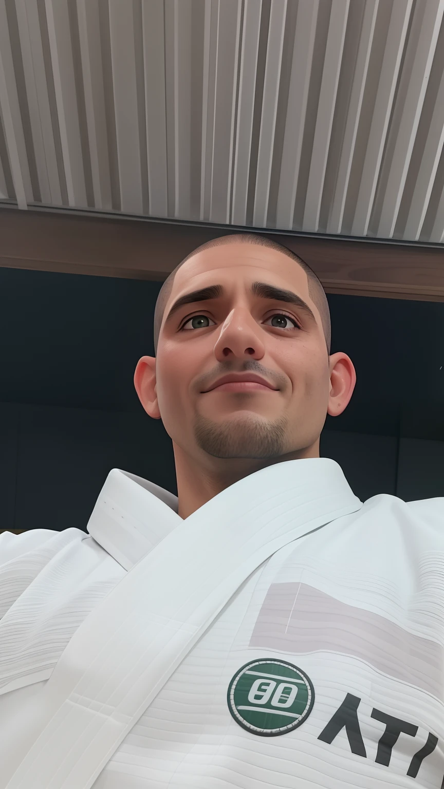 Um homem de 42 anos, com cabelos crespo curtos,face de diamante, olhar rigoroso, e olhos pretos, vestindo kimono preto de jiu jitsu