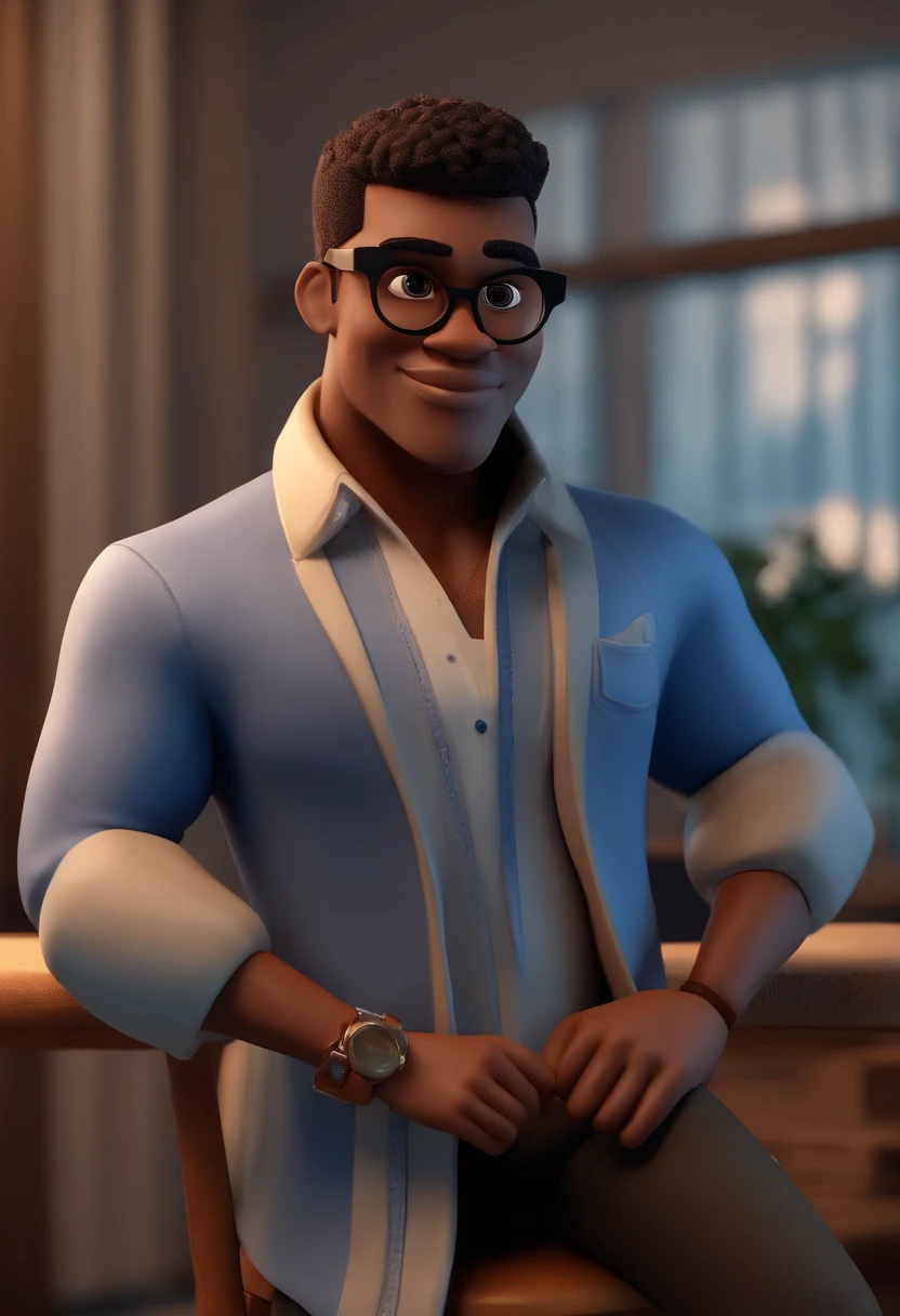 Cartoon character of a black man with black glasses, cabelo cacheado marrom escuro e uma camisa azul, animation character, Caractere estilizado, animation style rendering, 3D estilizado, Arnold Maya render, 3 d render stylized, toon render keyshot, Personagem 3D, Personagem 3D, 3d rendering stylized, 3 d character render, personagem de desenho animado, Personagem de close up, Pose de personagem,  (Estilo Pixar) (master part:1.2) (Bokeh) (best quality) (pele detalhada) (textura detalhada) (8k) (argila) (Cinematic lighting) (foco nítido