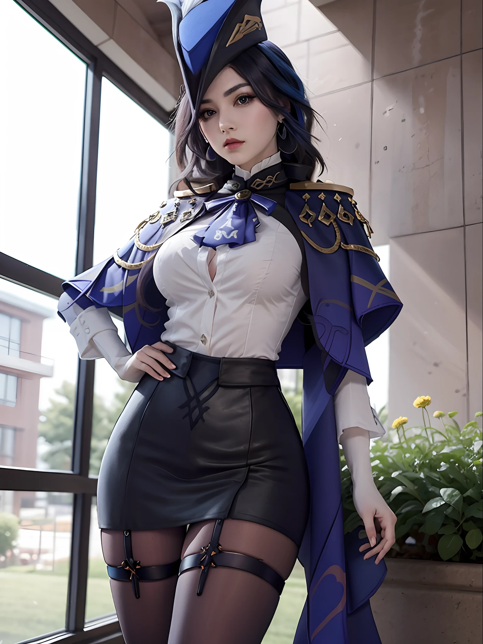 8K分辨率、Raw photo、1girl in, Klonde \(GenshinImpact\), tricorne, pantyhose, earrings, blue cape, White Gloves, pencil skirts, White shirt, Thigh strap, Underbust, ascot, Jacket, depth of fields, Standing, Cowboy Shot, Glaring, put hands on the hip, Looking at Viewer, chies, Indoors