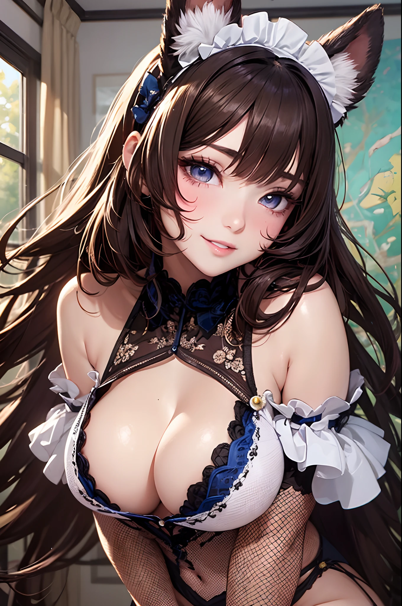 16K Ultra High Definition
Super Detailed
masterpiece
Glossy and detailed hair
Beautiful human woman with long brown hair、Blue Mesh、Very long lashes、lofty nose、
ultra gigantic tits、Amazing beautiful breasts、Maid Outfit
Dog Ears
Glossy skin
Red cheeks
Moist eyes and an embarrassed expression
Seduce with a bewitching smile
The background is the living room
