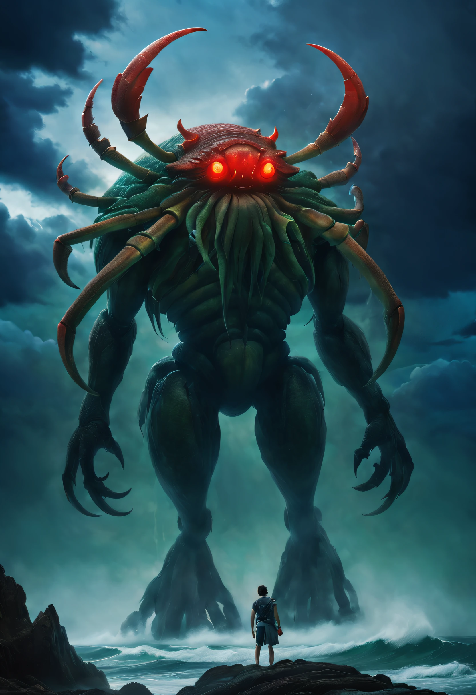 （A giant crab stands in the fog and stares fiercely at a man begging for help），（a creature 5 meters tall:1.0），（Huge red eyes are unusually bright：1.37）（The thick legs of two giants stand on the reef） ，，（The shell of a giant crab is dark green），（goldtrim）, （Dark blue wide oval abdomen）, （Very hard and thick shell texture）， (There are a pair of large protruding compound eyes：0.8），（Unusually long and flexible antennae：1.1），（The length is about 1/3 The width of the crab's body：0.5） ，（There is a small pair of pliers on the top of the head），（Fresh fluff：0.8）， giant ethereal creature,The texture is clear， （People who ask for help：1.37），（Dark blue lightning thundering sky）， Background with：nebulous sky，（salama：1.1（rough sea），（Greatwave），Recife，）， 真实感，Epic，ultraclear，afterimage, Dutch angle, From below, Sony FE GM, Chiaroscuro, Blurry, hyper HD, Masterpiece, Textured skin, Super detail, High details, High quality, Award-Awarded, Best quality, A high resolution, 8K，Epic，sci-fy，Futuristic fantasy，cotw，thriller