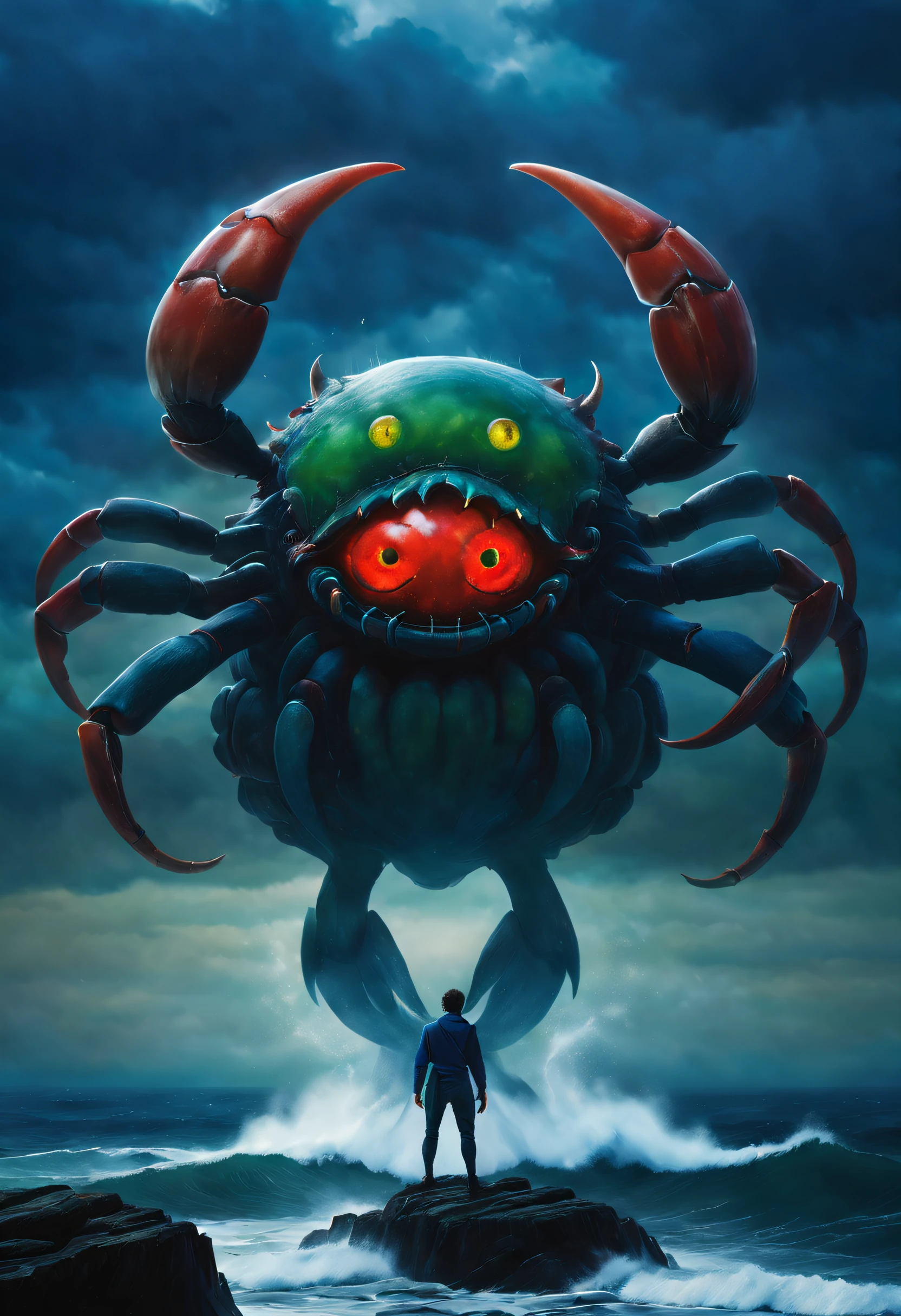 （A giant crab stands in the fog and stares fiercely at a man begging for help），（a creature 5 meters tall:1.0），（Huge red eyes are unusually bright：1.37）（The thick legs of two giants stand on the reef） ，，（The shell of a giant crab is dark green），（goldtrim）, （Dark blue wide oval abdomen）, （Very hard and thick shell texture）， (There are a pair of large protruding compound eyes：0.8），（Unusually long and flexible antennae：1.1），（The length is about 1/3 The width of the crab's body：0.5） ，（There is a small pair of pliers on the top of the head），（Fresh fluff：0.8）， giant ethereal creature,The texture is clear， （People who ask for help：1.37），（Dark blue lightning thundering sky）， Background with：nebulous sky，（salama：1.1（rough sea），（Greatwave），Recife，）， 真实感，Epic，ultraclear，afterimage, Dutch angle, From below, Sony FE GM, Chiaroscuro, Blurry, hyper HD, Masterpiece, Textured skin, Super detail, High details, High quality, Award-Awarded, Best quality, A high resolution, 8K，Epic，sci-fy，Futuristic fantasy，cotw，thriller