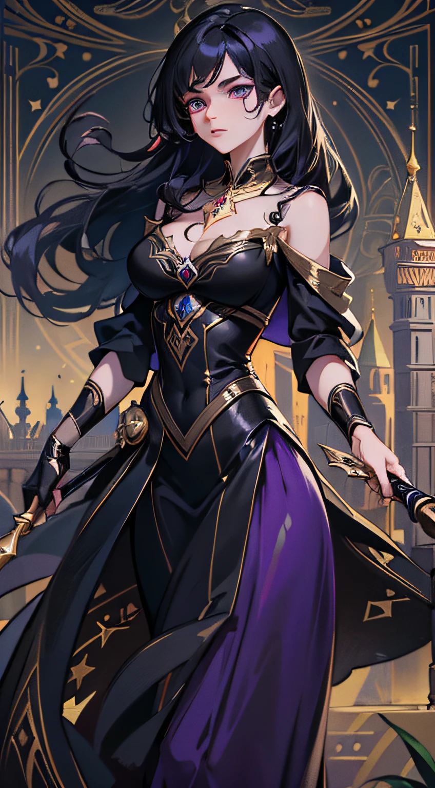 ((Masterpiece)), Best quality,  Ultra detailed, 19th century Europe ，magicle world，dark，Black dress，a black cloak，Golden ratio, Mysterious maiden,Black color hair，Super beautiful European girl，Deep purple eyes,Perfect body,Hold your wand in hand，