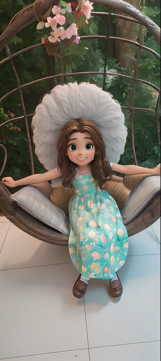 Desenho no estilo disney pixar de , morena clara de cabelo solto e cacheado, Sitting in a rocking chair