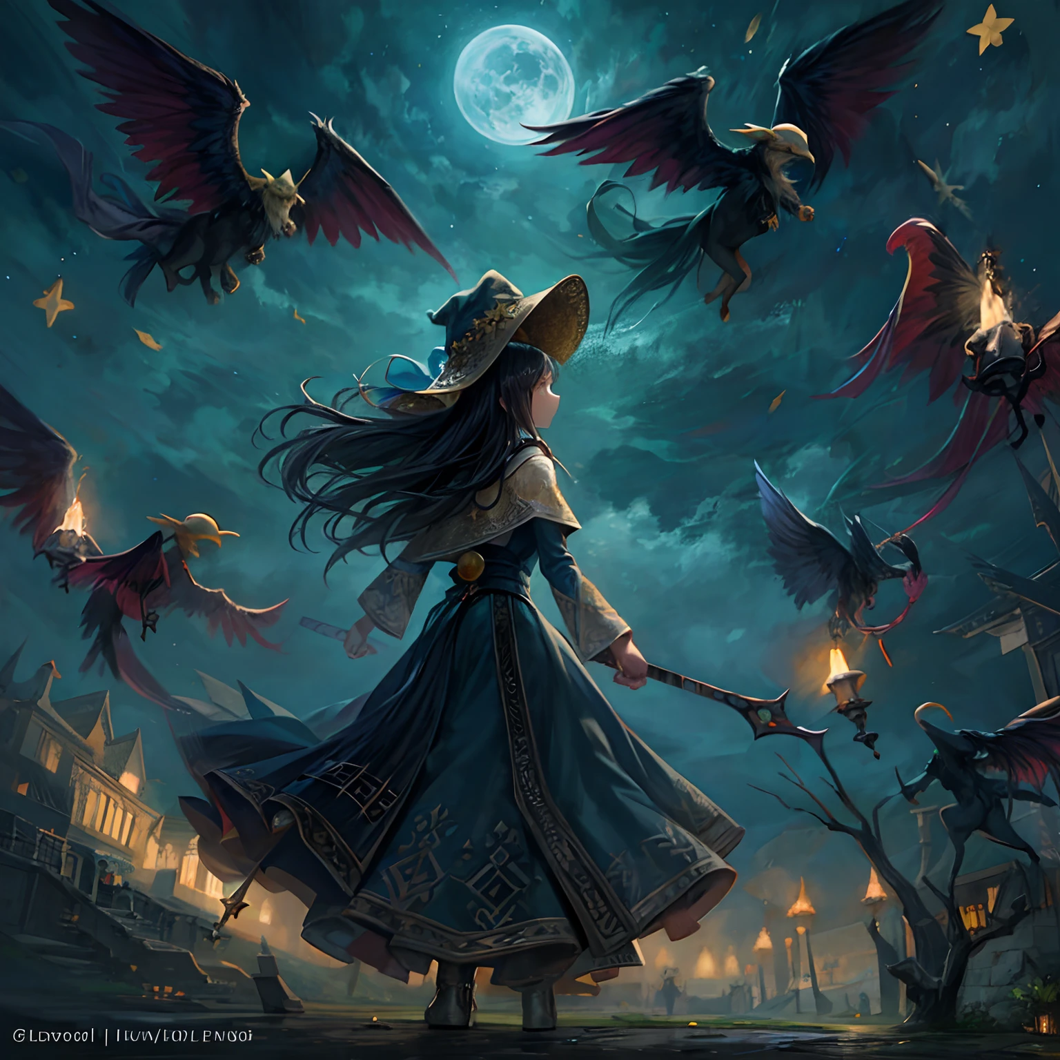obra maestra, mejor calidad, ultra detallada, illustration,grupo de podersos magos y brujas,grupo en primer plano, fantasy, vuelo, escoba,aura,poderes, cielo nocturno, aire libre, magia, hechizos, luna, estrellas, nubes, viento, cabello, capa, sombrero, botas, palo de escoba, brillante, misterioso, encantador, caprichoso, frisky, aventurero, libertad, asombro, fantasi, determination, habilidad, velocidad, movimiento, energy, realismo, naturalista, figurativo, representativo, belleza, Fantasy culture, Mythology, cuentos de hadas, folclore, leyendas, brujas, magos, magical creatures, fantasy worlds, compositing, escala, primer plano, middle ground, fondo, perspectiva, luz, color, textura, detalle, belleza, asombro.