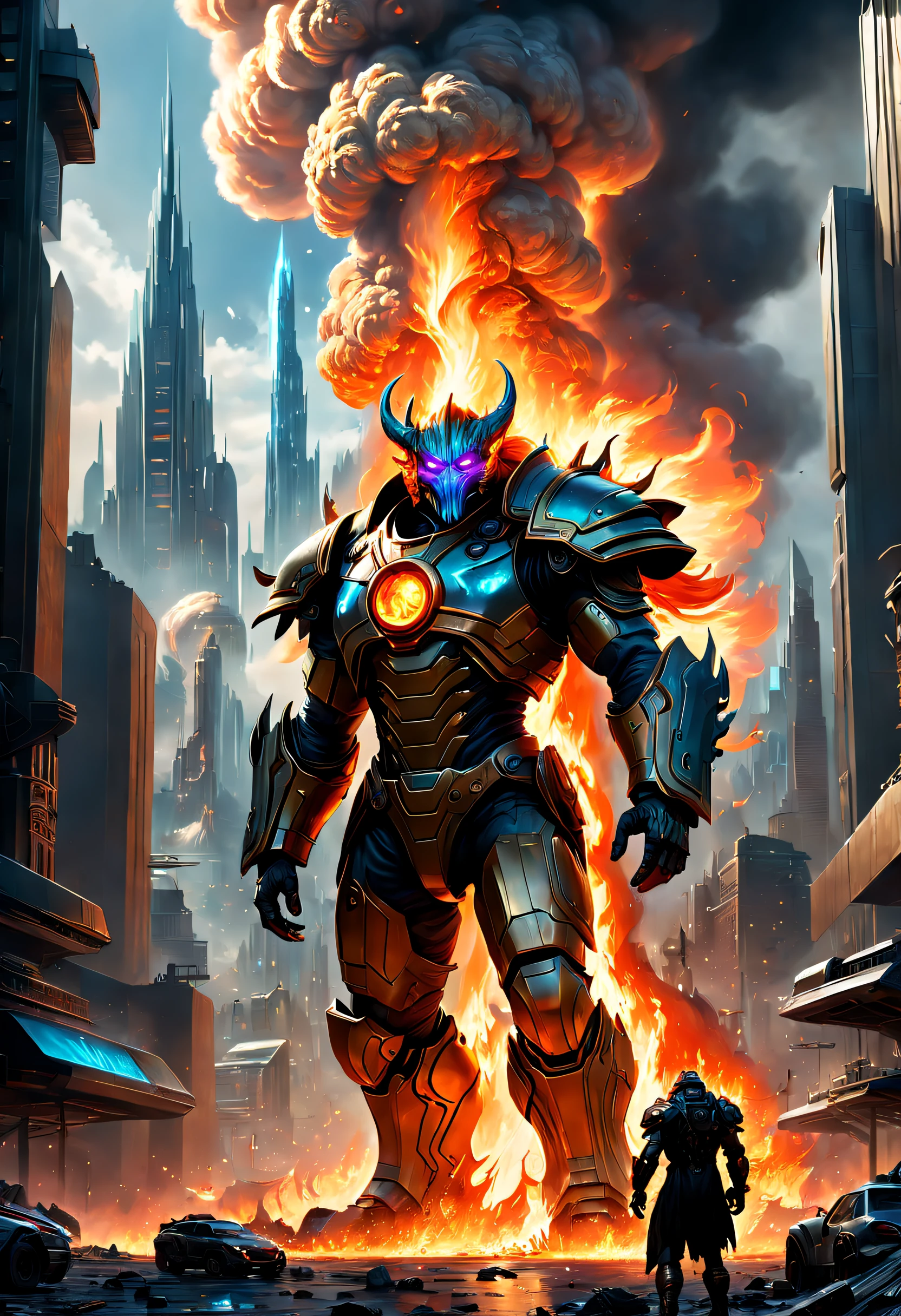 (Best quality, 4K, 8K, A high resolution, Masterpiece:1.2), Ultra-detailed, (Realistic, Photorealistic, photo-realistic:1.37),Fire Giant Soult destroys Asgard,ultra-realistic realism,Epic dreams,Beautiful sci-fi art,science fiction digital art,futuristic urban background,Beautiful sci-fi art, Science-fi digital art illustration, Digital cyberpunk art, science fiction digital painting, futuristic digital painting, futuristic concept art, in front of a sci fi cityscape, science fiction digital art, Advanced digital cyberpunk art, Fantastic cyberpunk Surtr