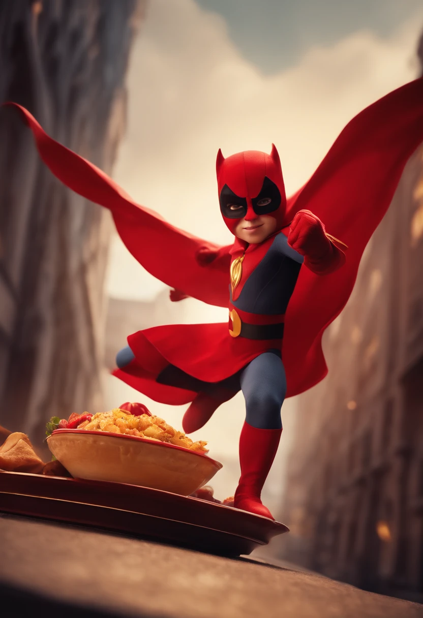 a boy pixar in a dardevil type superhero costume, with a red mask, yellow boots and gloves, a red cape, flying with his right hand fisted above and in the other hand holding a plate of food with a beef steak