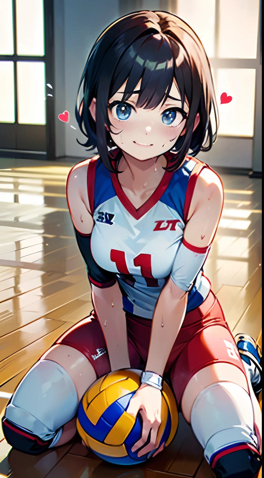 1adult female,(heart-shaped pupils,heart flying),having sex,lying on back and spreading legs widely,(curvy adult body),(vaginal penis),black short hair,,open mouth,tongue,(blushed and happy:1.3),(tanned skin:1.4),(volleyball uniform:1.2),at gym,on gym mat,purple pupils,trembling,sweat,sweatdrop,(speed lines:1.1),gigantic breasts, (pubic hair),(from above,pov:1.2),brown hair,(excessive cum in pussy,creampie:1.1),pov,missionary position,front shot,