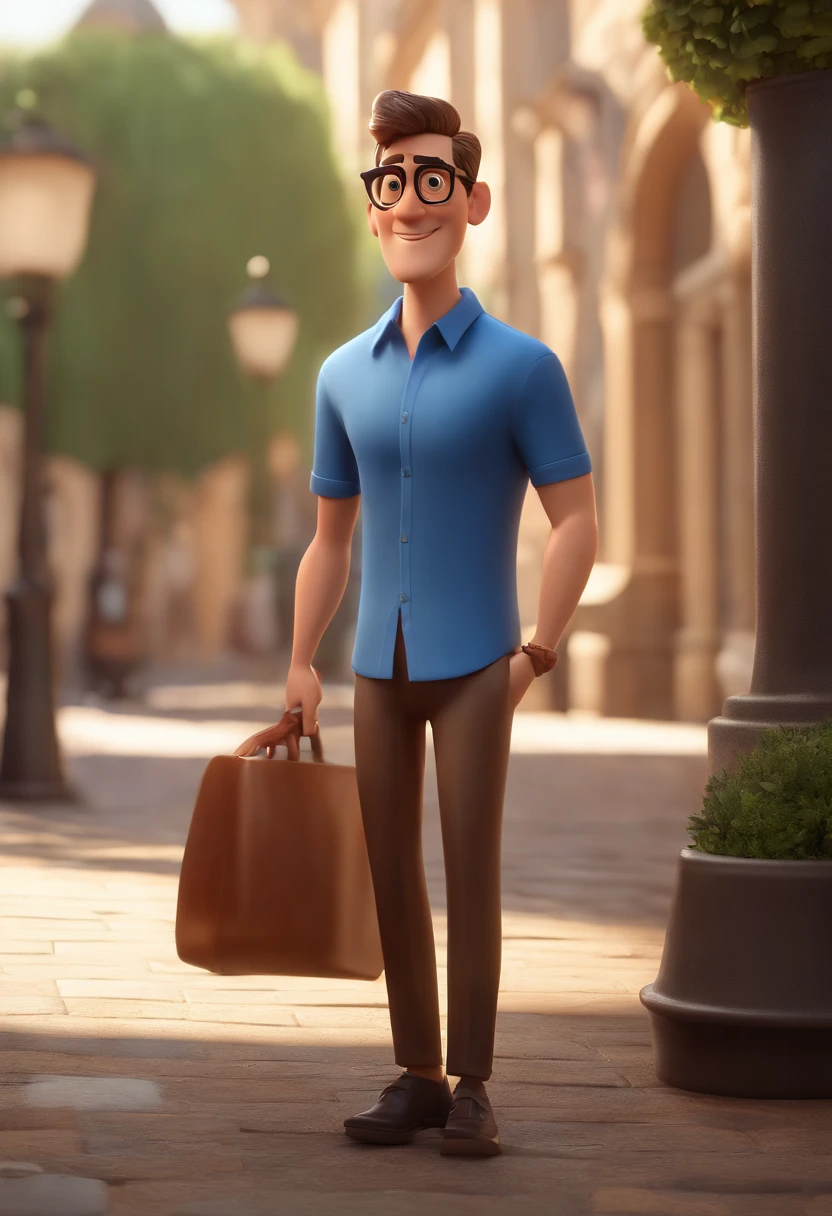 Cartoon character of a man wearing black glasses and a blue shirt, um personagem animado, Caractere estilizado, animation style rendering, 3D estilizado, Arnold Maya render, 3 d render stylized, toon render keyshot, Personagem 3D, Personagem 3D, 3d rendering stylized, 3 d character render, personagem de desenho animado, Personagem de close up, Pose de personagem,  (Estilo Pixar) (master part:1.2) (Bokeh) (best quality) (pele detalhada) (textura detalhada) (8k) (argila) (Cinematic lighting) (foco nítido