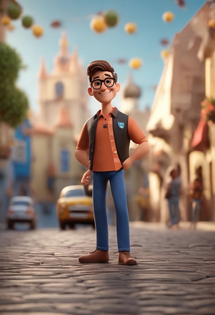 Cartoon character of a man wearing black glasses and a blue shirt, um personagem animado, Caractere estilizado, animation style rendering, 3D estilizado, Arnold Maya render, 3 d render stylized, toon render keyshot, Personagem 3D, Personagem 3D, 3d rendering stylized, 3 d character render, personagem de desenho animado, Personagem de close up, Pose de personagem,  (Estilo Pixar) (master part:1.2) (Bokeh) (best quality) (pele detalhada) (textura detalhada) (8k) (argila) (Cinematic lighting) (foco nítido
