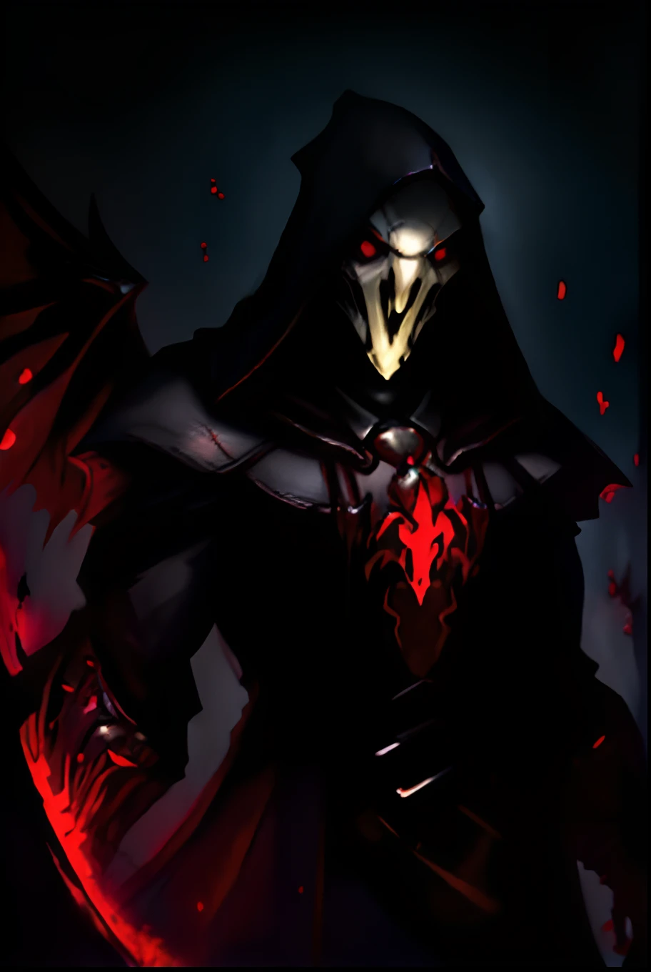 the anime, black hair, Demon, wings, red glowing eyes, the reaper as a scary, reaper from overwatch, reaper of night!!!!, dark hooded wraith, gapmoe yandere grimdark, Dark Robe, with red glowing eyes, The Sinister Killer