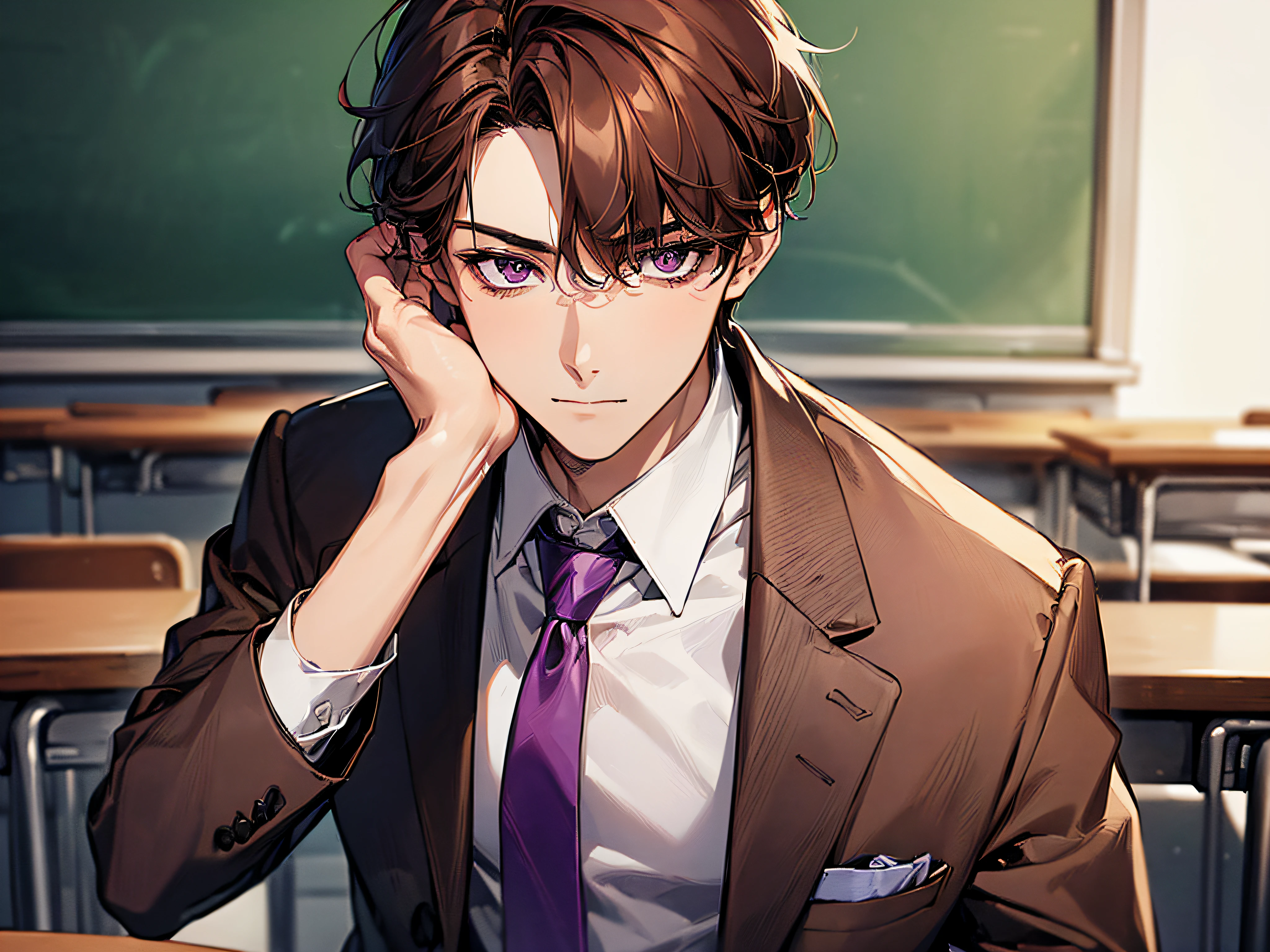 (((((solo)))),24-year-old boy, Warm skin, Pupil Purple, Mature Face, head portrait, Brown hair, Short hair, Facial Focus, Adult, Business Suit, Jacket, White shirt, tie, Pants, Best Quality, Facial details.,‎Classroom,