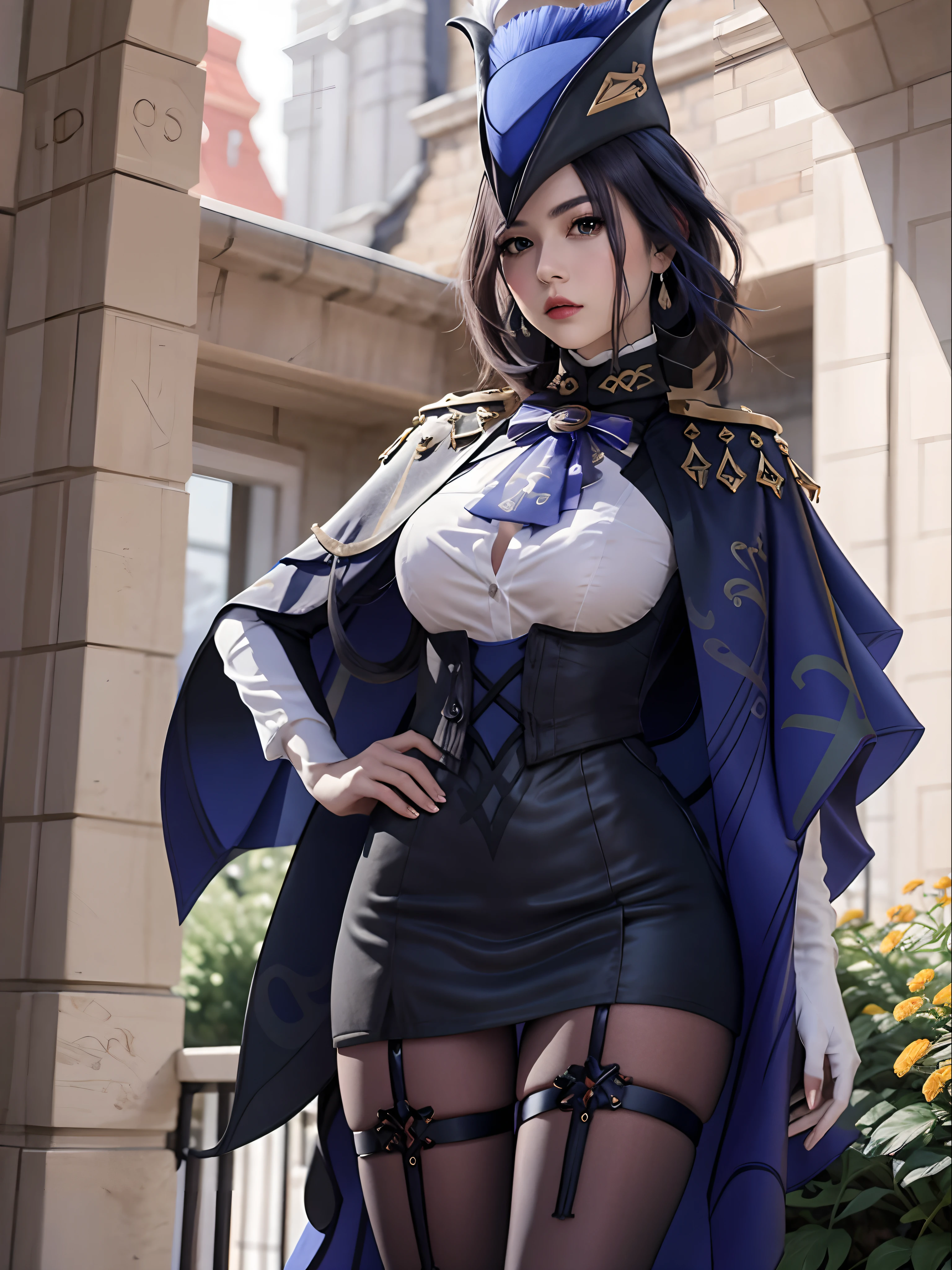 8K分辨率、Raw photo、1girl in, Klonde \(GenshinImpact\), tricorne, pantyhose, earrings, blue cape, White Gloves, pencil skirts, White shirt, Thigh strap, Underbust, ascot, Jacket, depth of fields, Standing, Cowboy Shot, Glaring, put hands on the hip, Looking at Viewer, chies, Indoors