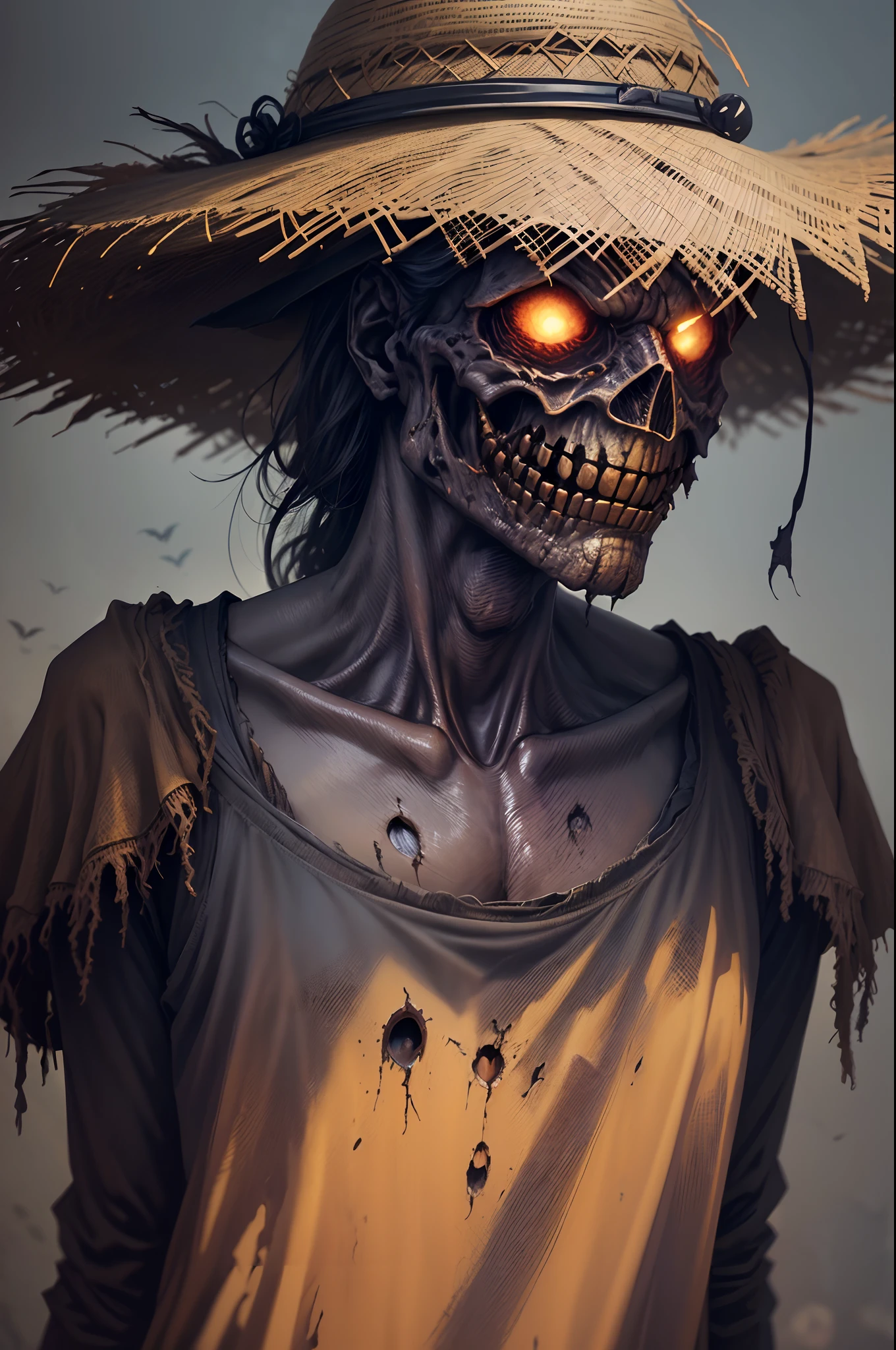 arafed scare with a straw hat and a scare face, powerful male scarecrow, scarecrow, the scarecrow, willem dafoe as scarecrow, by Darek Zabrocki, scary smile, horror surreal art, scary art, straw, ( ( ( horror art ) ) ), horror photography, pumpkin head, scary portrait, scary mood, dark but detailed digital art