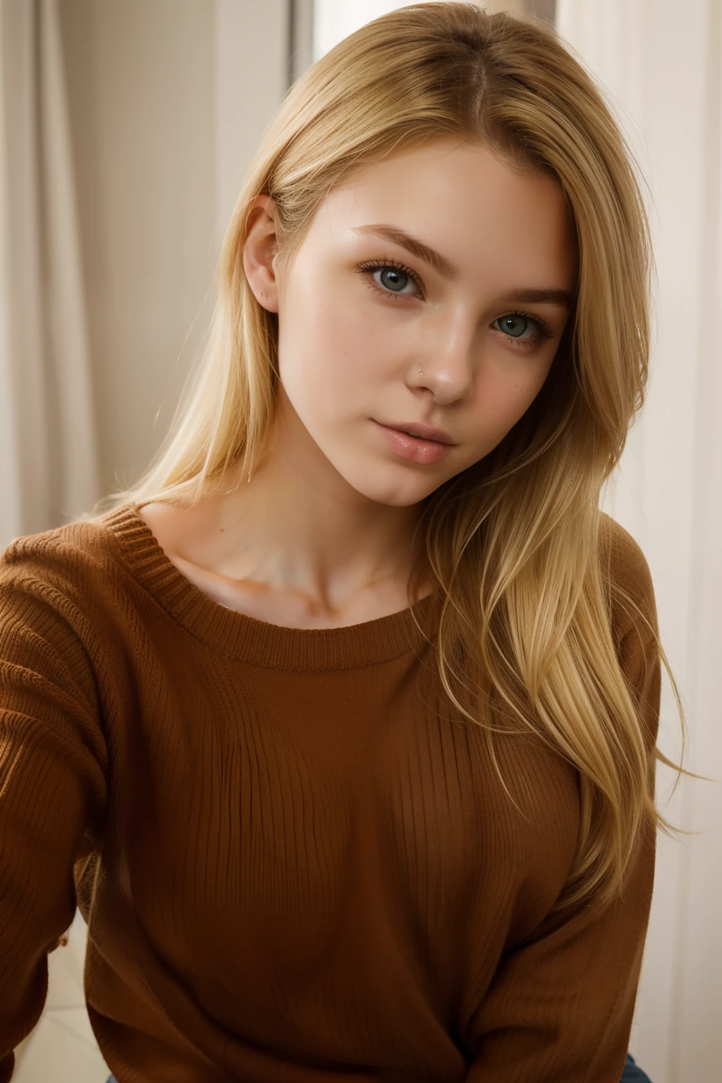 1Girl 18 years old, only, medium blonde hair, drill hair, midsize boobs, looking at viewer, blonde hair, brown eyes, full entire body, sweater, lips, realistic, nose, flirting with the camera, perfect face, perfect body, selfie, grainy