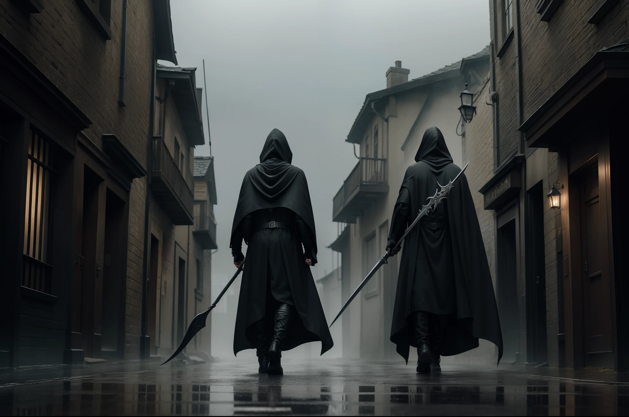 The Grim Reaper, pale face, wearing long cape with hood, holding a sickle, walking on a street of a medieval town, foggy rainy night, wet cobblers on the street, heavy rain, gloomy atmosphere, scary scene, lightning , Highly detailed.