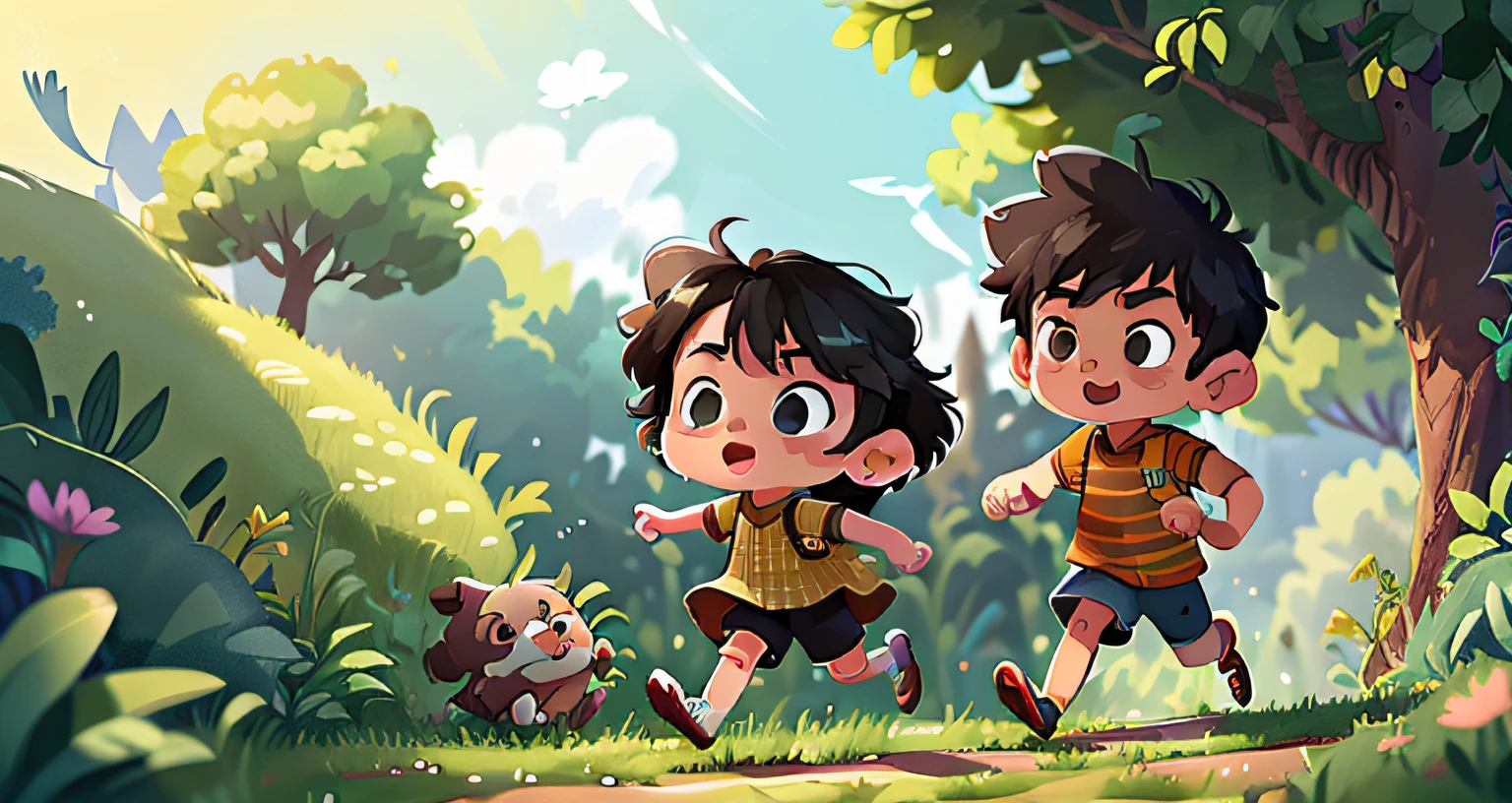 (extremely detailed CG unity 8k wallpaper,masterpiece, best quality, ultra-detailed),(best illumination, best shadow, an extremely delicate and beautiful),(1boy),black hair, bright and wide open eyes, male teenager, a dynamic pose, wise, reflective, pondering, on a vast green field, with Lucas, a cunning boy, by his side, Sofia, a brave girl, confident and bold, and even Pedro, a playful boy, happily running ahead.