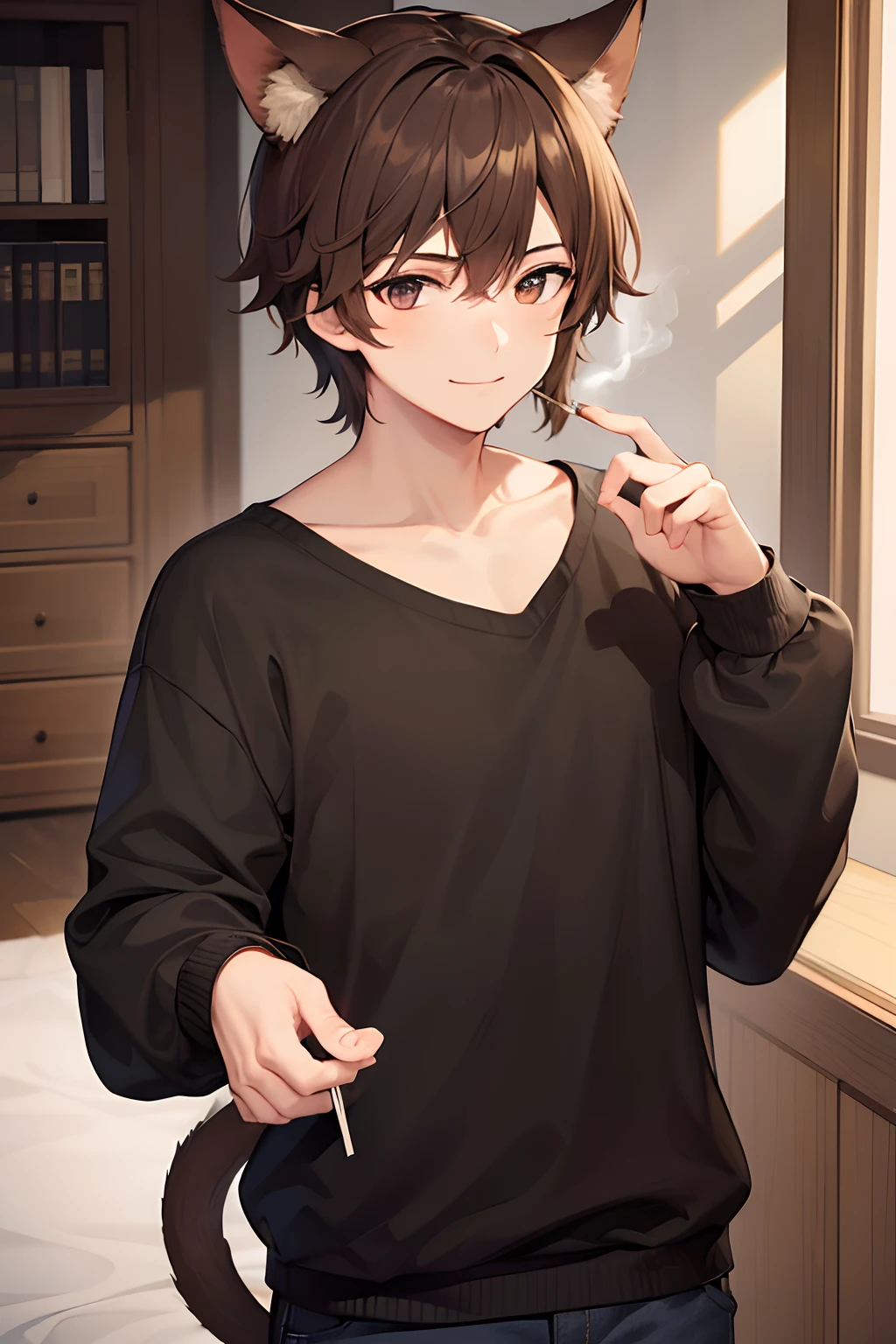 super detaill, High Details, hiquality,Young man,Brown hair and eyes,Cat's ears and tail,doesn't look at the camera,Smokes,endearing smile,black sweatshirt,Tired look