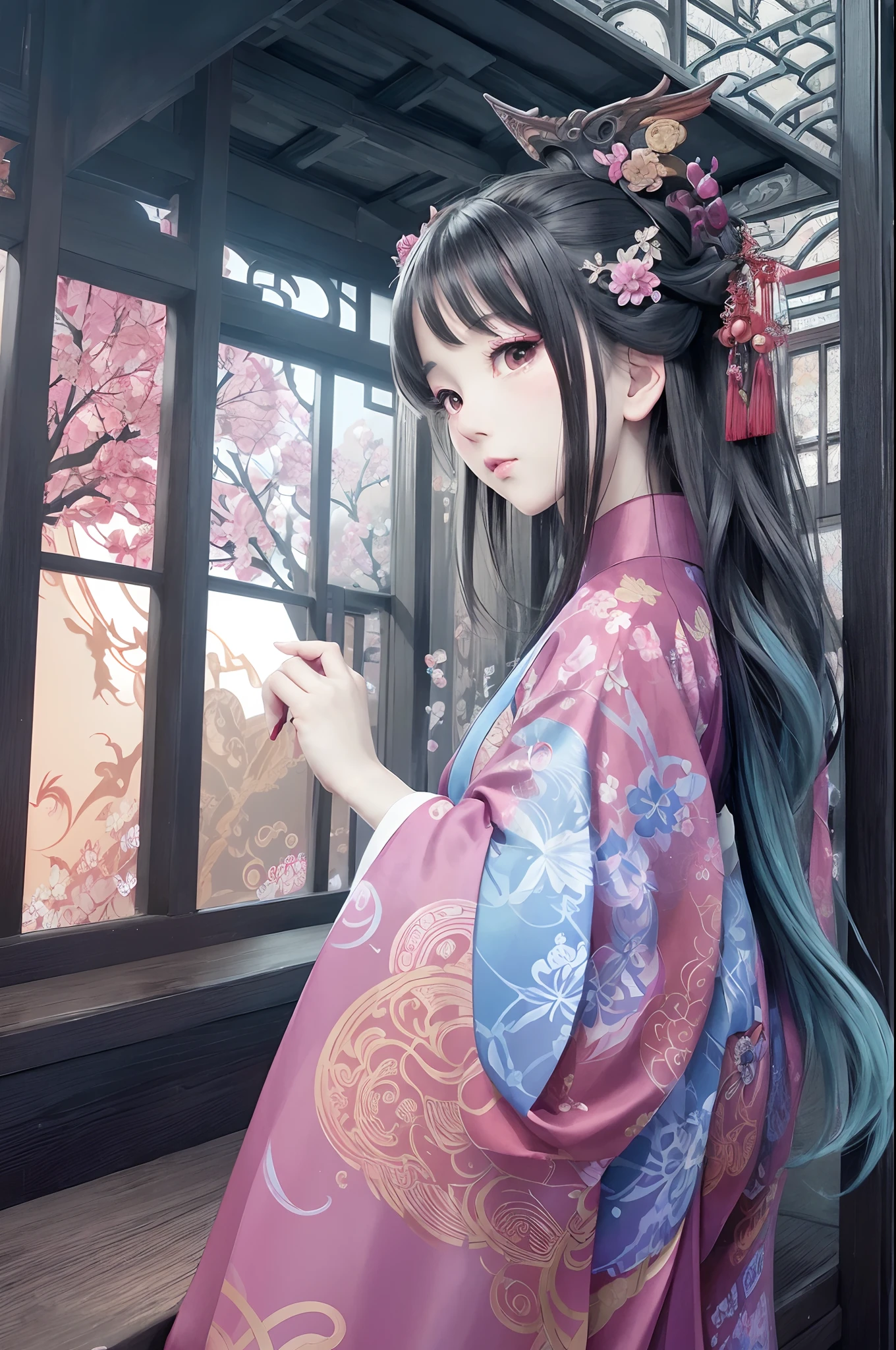 a woman in a kimono dress writing on a book with dragon wings, beautiful character painting, chinese fantasy, palace , a girl in hanfu, by Yang J, fantasy art style, anime fantasy illustration, alphonse mucha and rossdraws, alice x. zhang, beautiful digital artwork, with ancient chinese aesthetic, chinese style, fantasy artist, detailed digital anime art, traditional chinese