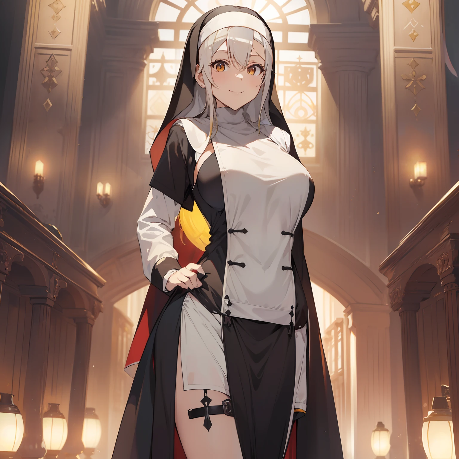 (masutepiece,Best Quality,8K),(extremely detailed CG1.1),1 girl,A smile,large boob,livingroom,(From below:1.2),Summer light,Intricate details , Hyper realistic, Perfect Anatomy,white  hair,Yellow mesh,(((length hair))),Twin-tailed,hair slicked back,(((nun))),kindly smile