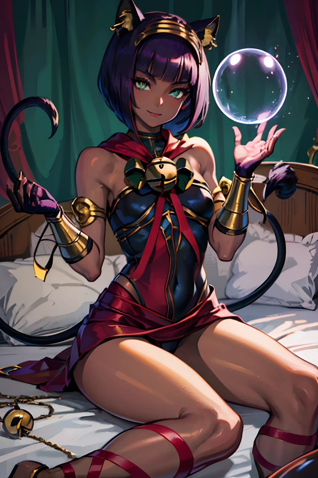 Masterpiece, best quality, absurdres, 1girl, sitting, beautiful legs, menat_holiday, crystal ball, light smile, dark skin, Green eyes, egyptian, bob cut, red dress, black hood, black gloves,shiny thighs,, tail, bell, bare shoulders, , bedroom,