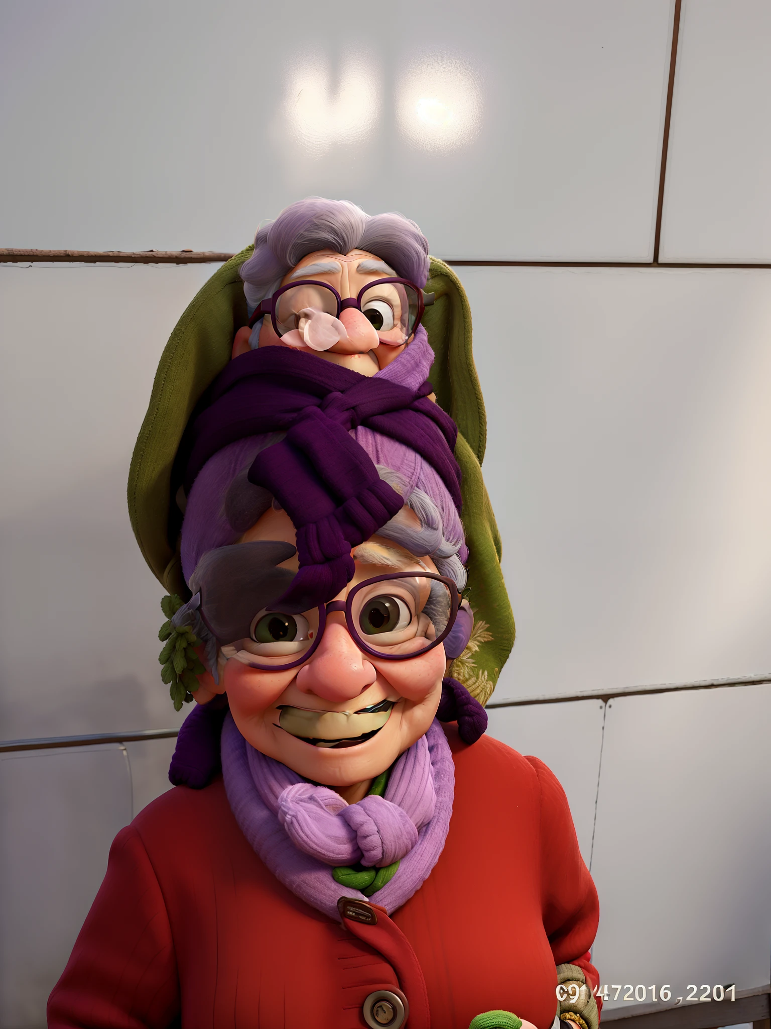 masterpiece, best quality, an old woman with glasses and a scarf on, wearing a purple coat and green scarf, standing at the park
