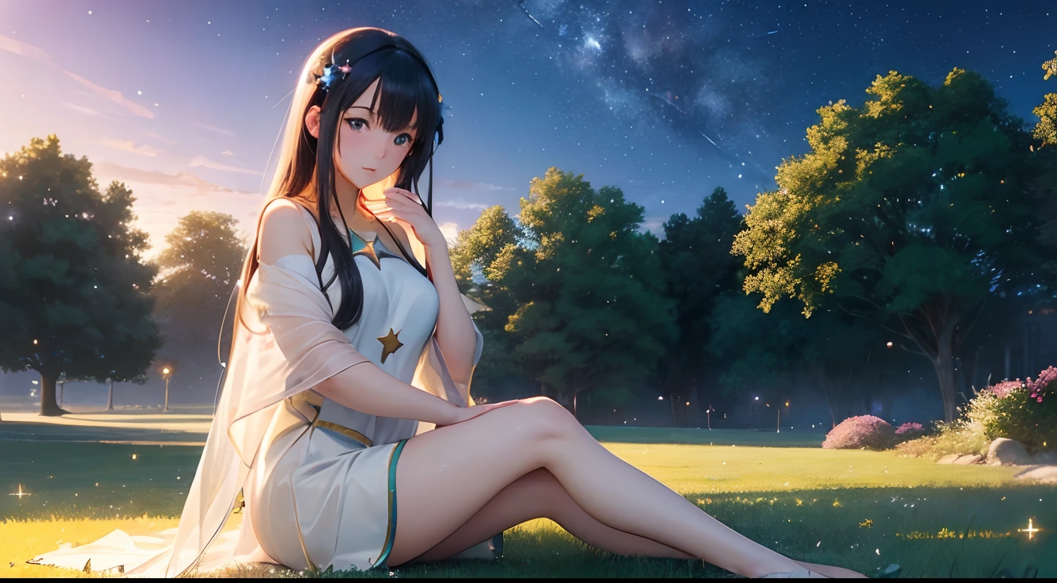 (anime woman:1.1, big glowing eyes:1.1) sitting in the (grass) with (stars in the sky), (1girl), (sky), (solo), (grass), (starry sky), (outdoors), (shooting star), (night sky), (realistic:1.37), (vivid colors), (photorealistic:1.37), (ultra-detailed), (painting), (studio lighting), (lush green grass), (twinkling stars), (peaceful atmosphere), (dreamy), (magical feeling), (tranquil scene), (soft breeze), (serene), (relaxing), (anime style), (star-shaped eyes), (nighttime), (calm expression), (gentle lighting), (sparkling eyes), (natural surroundings), (subtle glow), (quiet moment), (captivating), (magical girl), (cosmic), (elegant), (harmony), (graceful), (sitting cross-legged), (gazing at the stars).
