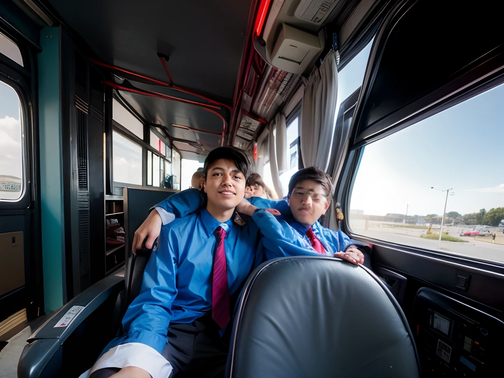 Two boys sitting on the bus wearing collage uniforms