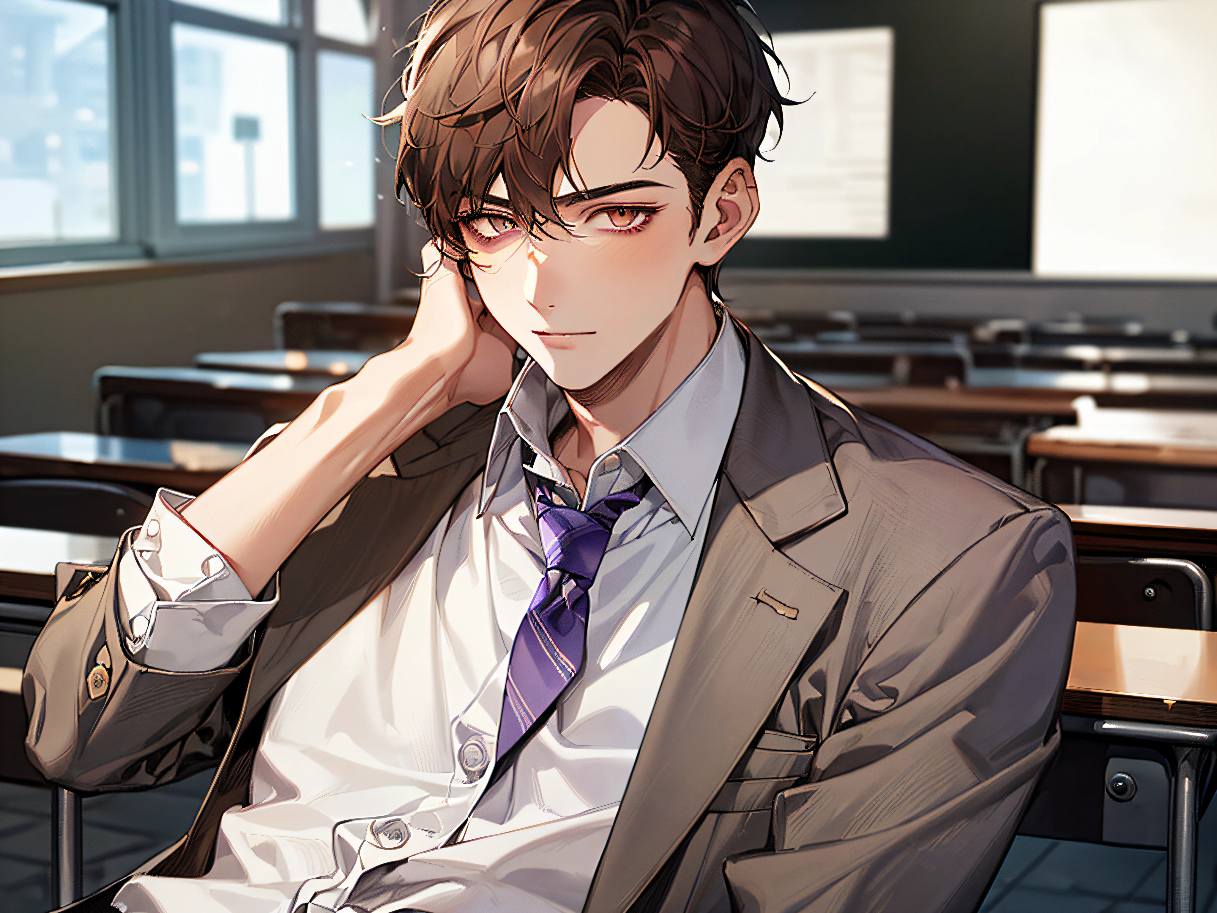 (((((soio)))),24-year-old boy, Warm skin, Pupil Purple, Mature Face, head portrait, Brown hair, Short hair, Facial Focus, Adult, Business Suit, Jacket, White shirt, tie, Pants, Best Quality, Facial details.,Classroom,