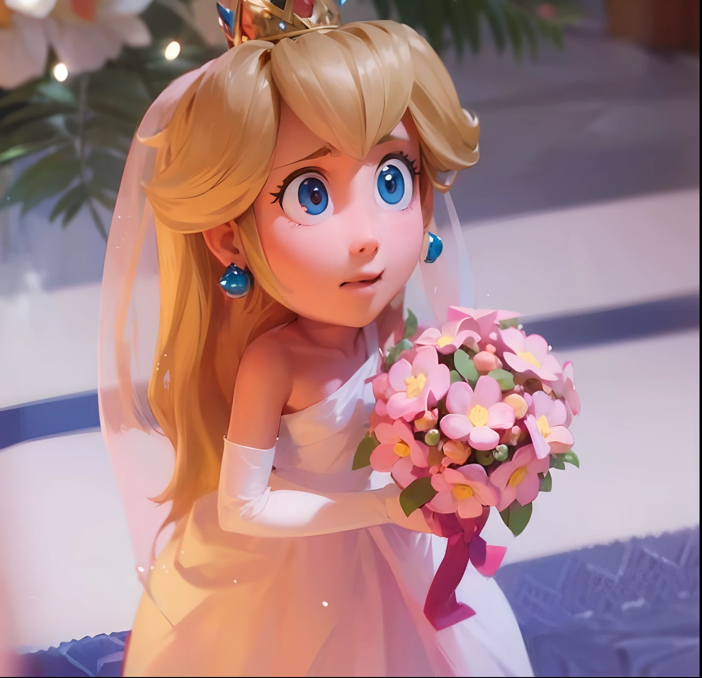(A placid setting, best quality)Peach Princess, com um longo vestido rosa em seu corpo esguio e uma coroa (super detalhado) em cima de seus longos cabelos loiros, um batom rosa lindo. Earrings & Jewelry (super detalhadas) olhos azuis brilhantes, gentis e tristes.