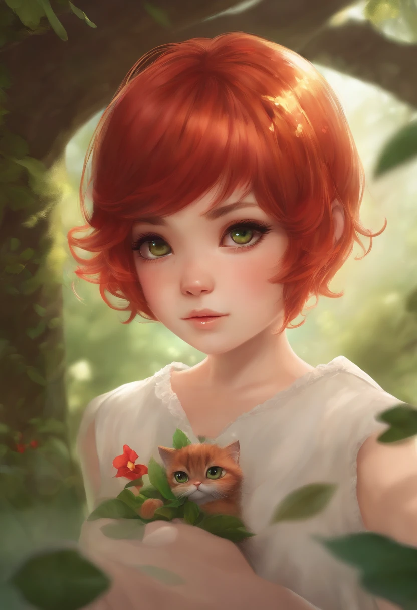 master part, best quality, SakuraVRC, 1girl, sozinho, short hair, red hair, olhos verdes, Chibi, Orelha de animal fluff ;3, Boca de Gato,