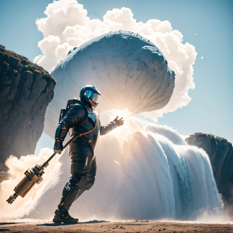 A full-body spacesuit immortal of the future（Abstract propylene splash：1.2）， Blue sky and white cloud background，Linen windbreaker（realisticlying：1.4），A high resolution， the detail， RAW photogr， Sharp Re， Nikon D850 Film Stock Photo by Jefferies Lee 4 Kodak Portra 400 Camera F1.6 shots, Rich colors, ultra-realistic vivid textures, Dramatic lighting, Unreal Engine Art Station Trend, cinestir 800，Ivory copper,（（（Fat Man）））（The full-body spacesuit of the future）Movie master real-time image quality