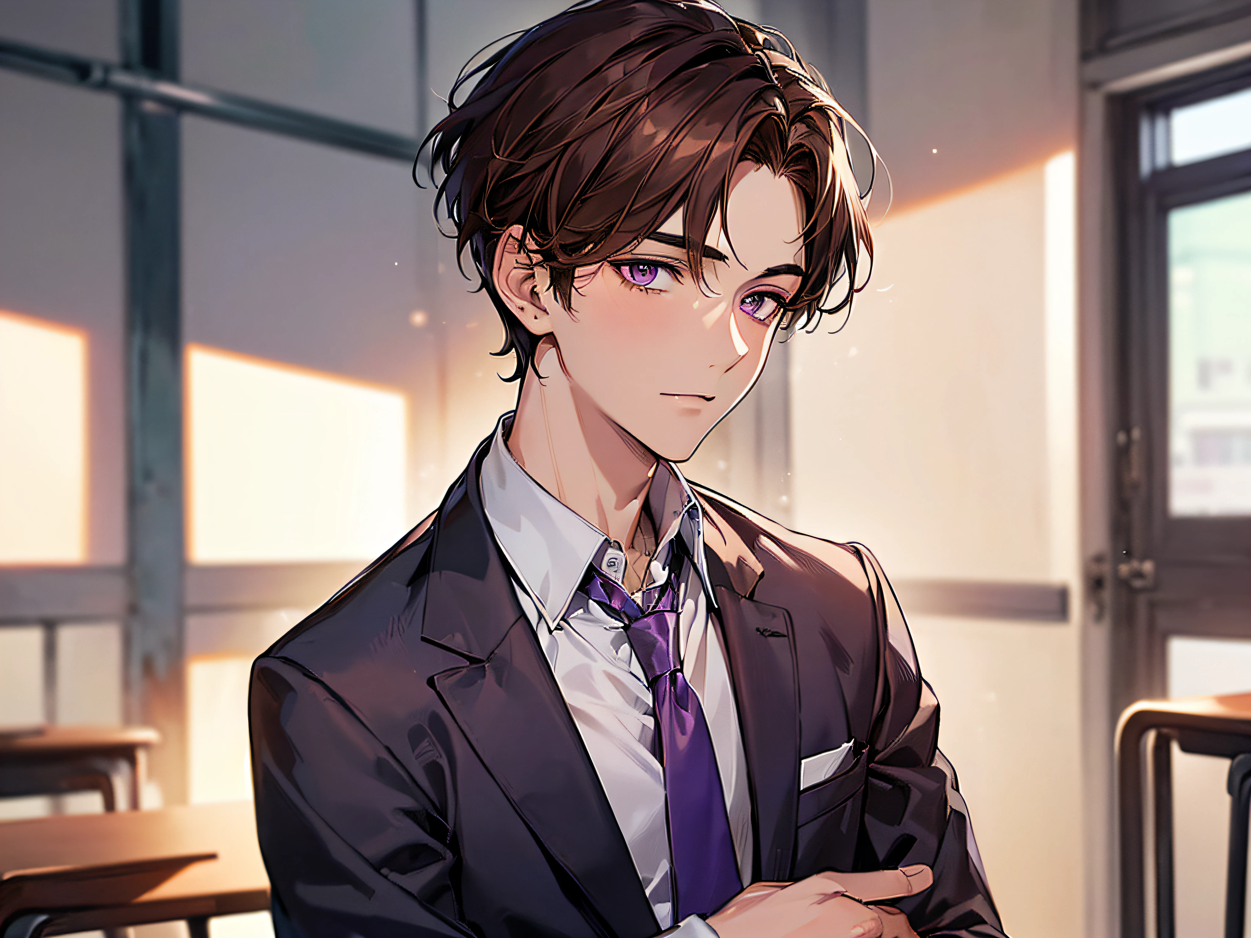 (((((solo)))),24-year-old boy, Warm skin, Pupil Purple, Mature Face, head portrait, Brown hair, Short hair, Facial Focus, Adult, Business Suit, Jacket, White shirt, tie, Pants, Best Quality, Facial details.,‎Classroom,