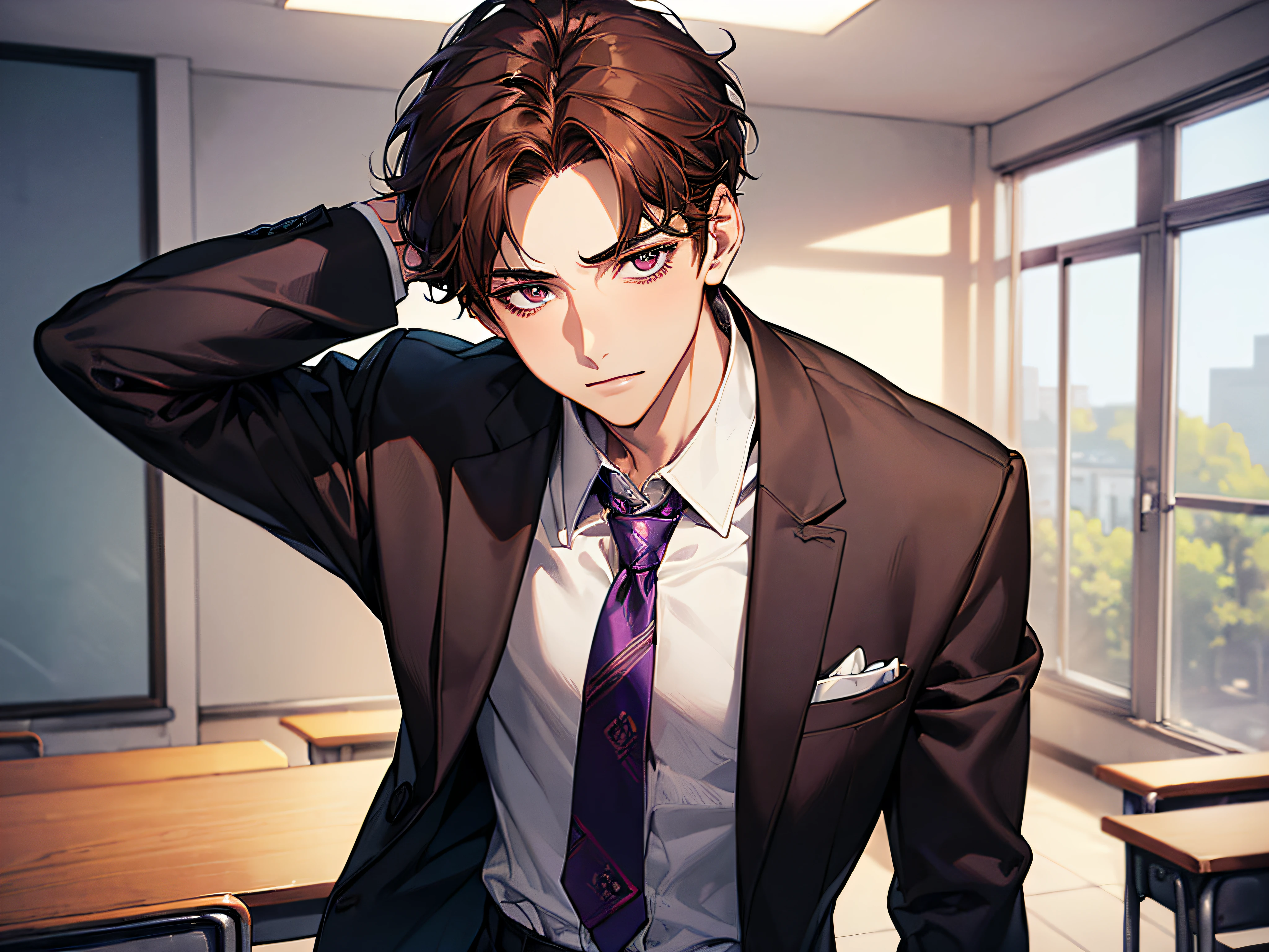 (((((solo)))),24-year-old boy, Warm skin, Pupil Purple, Mature Face, head portrait, Brown hair, Short hair, Facial Focus, Adult, Business Suit, Jacket, White shirt, tie, Pants, Best Quality, Facial details.,Classroom,