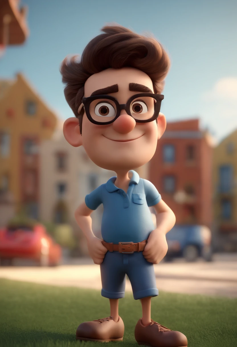 Cartoon character of a man wearing black glasses and a blue shirt, um personagem animado, Caractere estilizado, animation style rendering, 3D estilizado, Arnold Maya render, 3 d render stylized, toon render keyshot, Personagem 3D, Personagem 3D, 3d rendering stylized, 3 d character render, personagem de desenho animado, Personagem de close up, Pose de personagem, (Estilo Pixar) (master part:1.2) (Bokeh) (best quality) (pele detalhada) (textura detalhada) (8k) (argila) (Cinematic lighting) (foco nítido，Senta e vaza a parte superior do corpo
