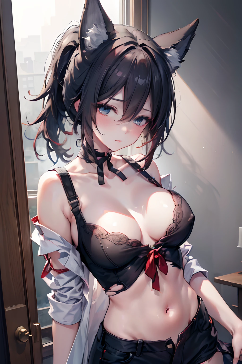 (((Masterpiece))), (portrait), diffused light, dynamic shadows, sharp focus, realistic, detailed, highres, absurdres, anatomically correct, seductive face, white background, torn clothes, looking to the side, black choker, belly button, medium breast
