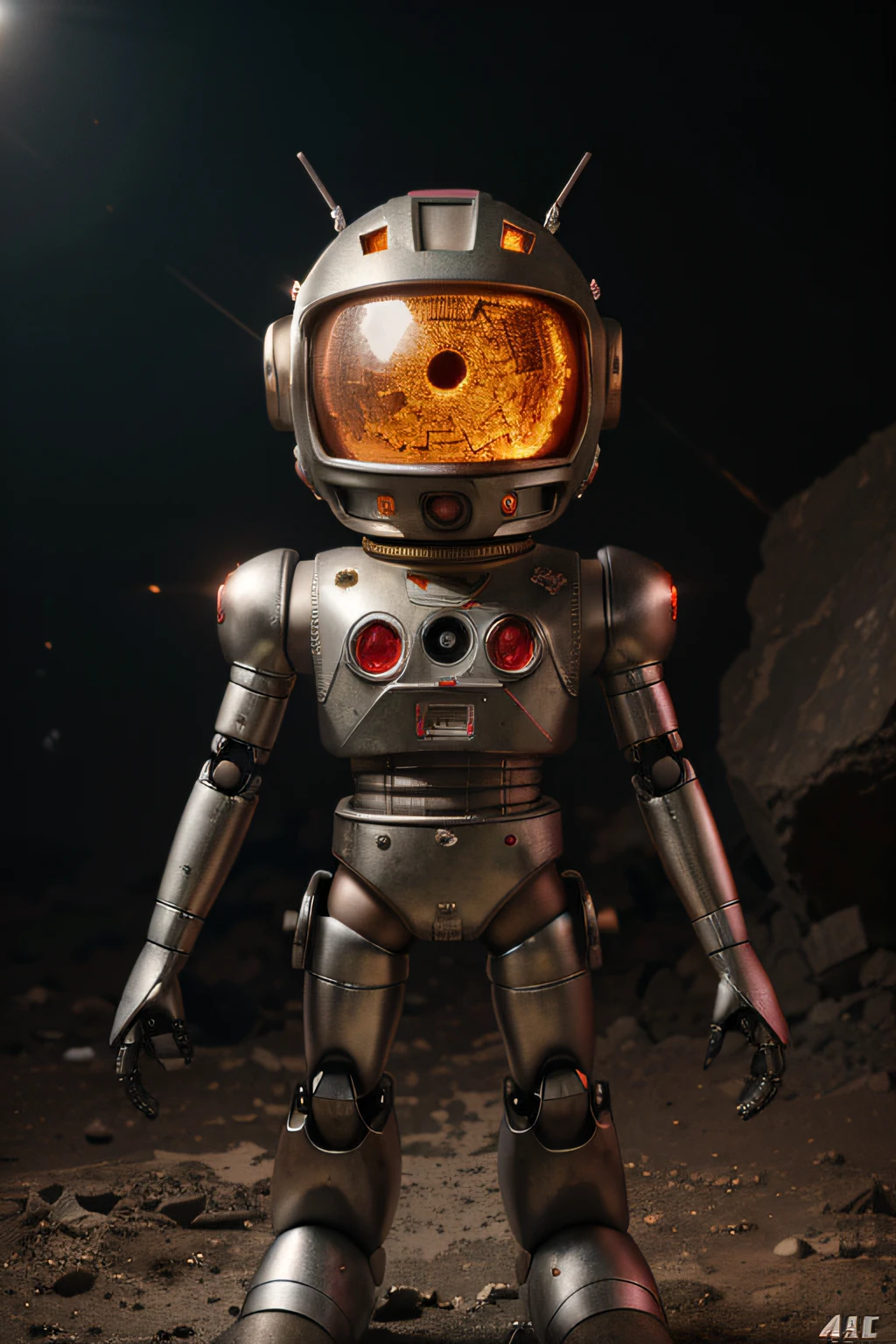 A toon Crazy whit a Big ONE a Only RED Eye Robot CCCP Soviet, and helmet Style, tongs in hands, Tv head, pinhead, camouflage Gold Silver Pink Rusty, Ambient in a meteorite crater super detailed, center, beautiful, soft lighting, focused on the character, 4K resolution, photorealistic rendering,