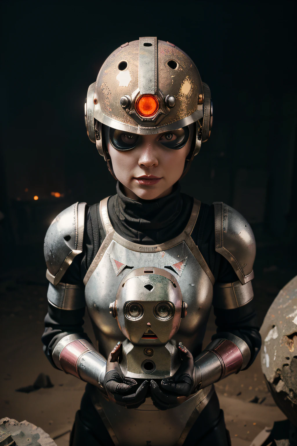 A toon Crazy whit a Big ONE a Only RED Eye Robot CCCP Soviet, and helmet Style, tongs in hands, Tv head, pinhead, camouflage Gold Silver Pink Rusty, Ambient in a meteorite crater super detailed, center, beautiful, soft lighting, focused on the character, 4K resolution, photorealistic rendering,