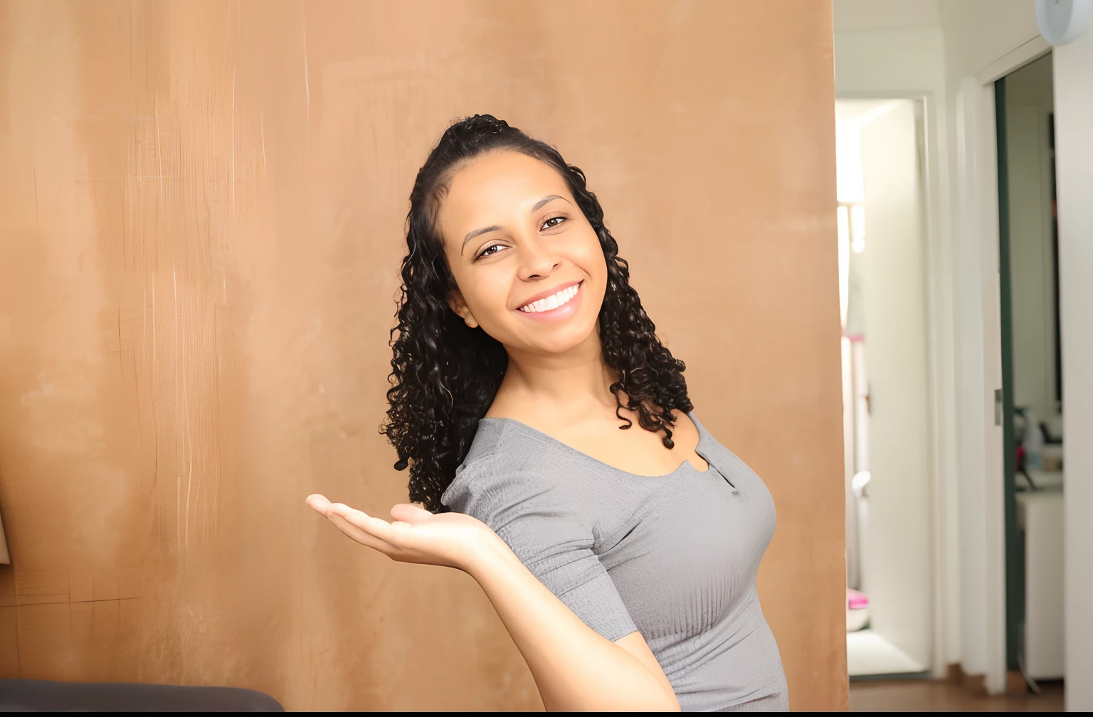 Smiling woman reaching out in front of a brown wall, Malika Favre, photo shoot, 3 5 year brazilian mother, foto de uma mulher negra, Mulher de 30 anos de Cuba, by Almada Negreiros, arms stretched out, hands behind her pose!, ombro na frente pose, dramatic smiling pose, arms extended