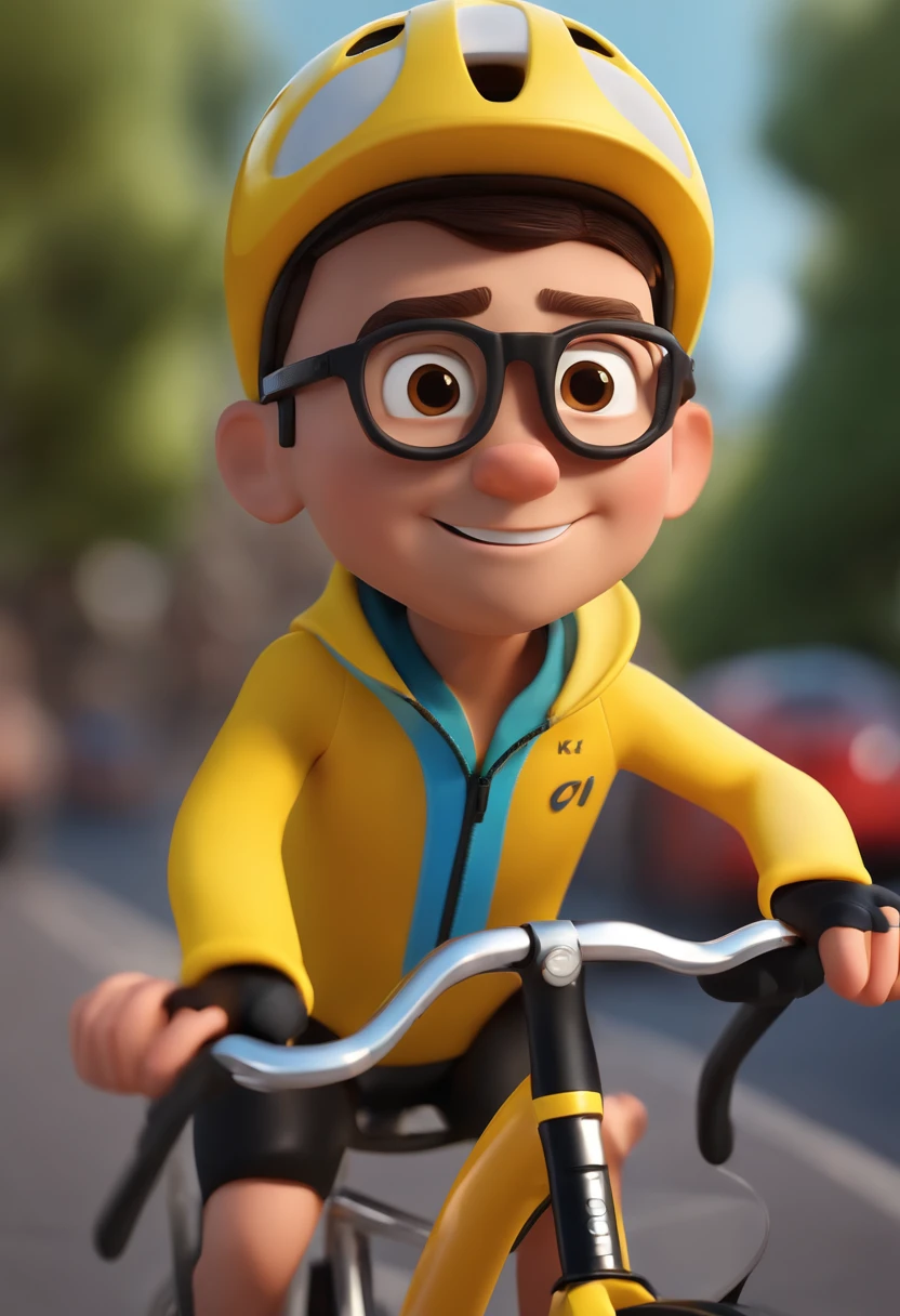 Cartoon character of a cyclist man with white glasses and yellow equipment, animation character, Caractere estilizado, animation style rendering, 3D estilizado, Arnold Maya render, 3 d render stylized, toon render keyshot, Personagem 3D, Personagem 3D, 3d rendering stylized, 3 d character render, personagem de desenho animado, Personagem de close up, Pose de personagem,  (Estilo Pixar) (master part:1.2) (Bokeh) (best quality) (pele detalhada) (textura detalhada) (8k) (argila) (Cinematic lighting) (foco nítido
