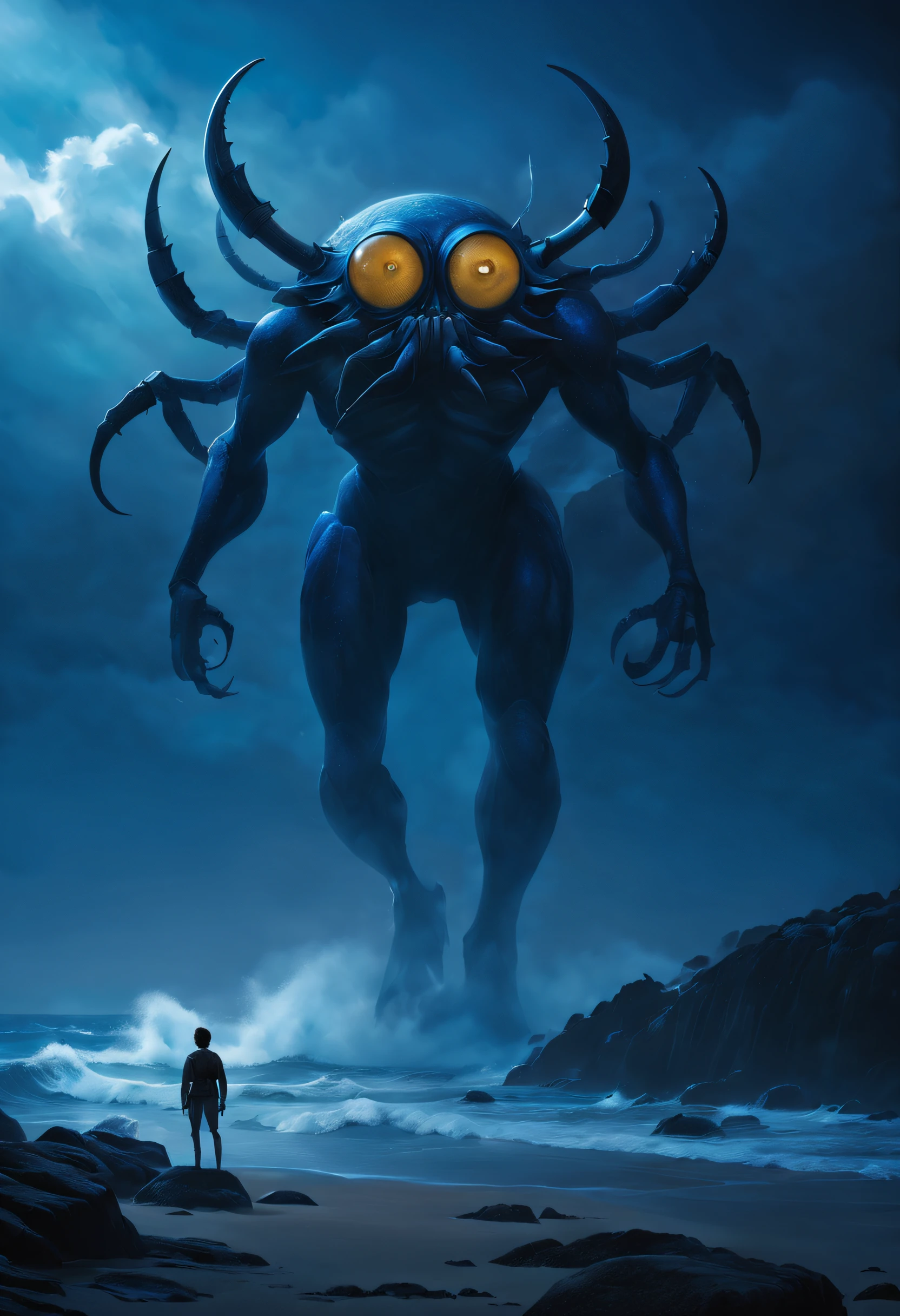 (A giant crab stands in the fog,Staring fiercely at a man begging for help),(a creature 5 meters tall:1.0),(The big golden eyes were unusually bright:1.37)(The thick legs of two giants stand on the reef) ,(The edges are golden),(Dark blue wide oval abdomen), (Very hard and thick shell texture), (There are a pair of large protruding compound eyes:0.8),(Unusually long and flexible antennae:1.1),(The length is about 1/3 The width of the crab's body:0.5) ,(There is a small pair of pliers on the top of the head),(Fresh fluff:0.8), giant ethereal creature,The texture is clear, (People who ask for help:1.37),(Deep blue lightning thundering sky.0 empty), Background with:nebulous sky,(salama:1.1(rough sea),(Greatwave:),(reef), 真实感,Epic,ultraclear,afterimage, Dutch angle, From below, Sony FE GM, Chiaroscuro, Blurry, hyper HD, Masterpiece, Textured skin, Super detail, High details, High quality, Award-Awarded, Best quality, A high resolution, 8K,Epic,sci-fy,Futuristic fantasy,cotw,thriller