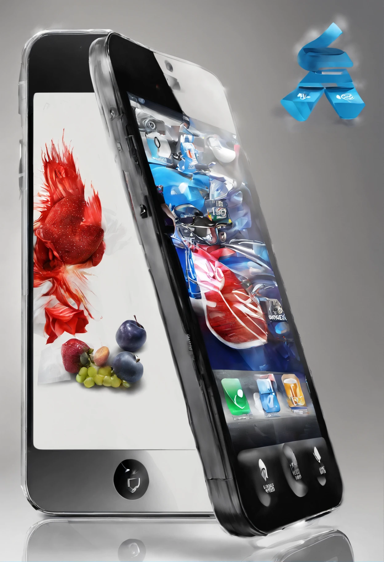3D text logo for a mobile phone store, precisely iPhones in the name of WiseStore with an apple of the iPhone brand in the center of the name WiseStore in color and very clear with colors like red, Bleu et blanc