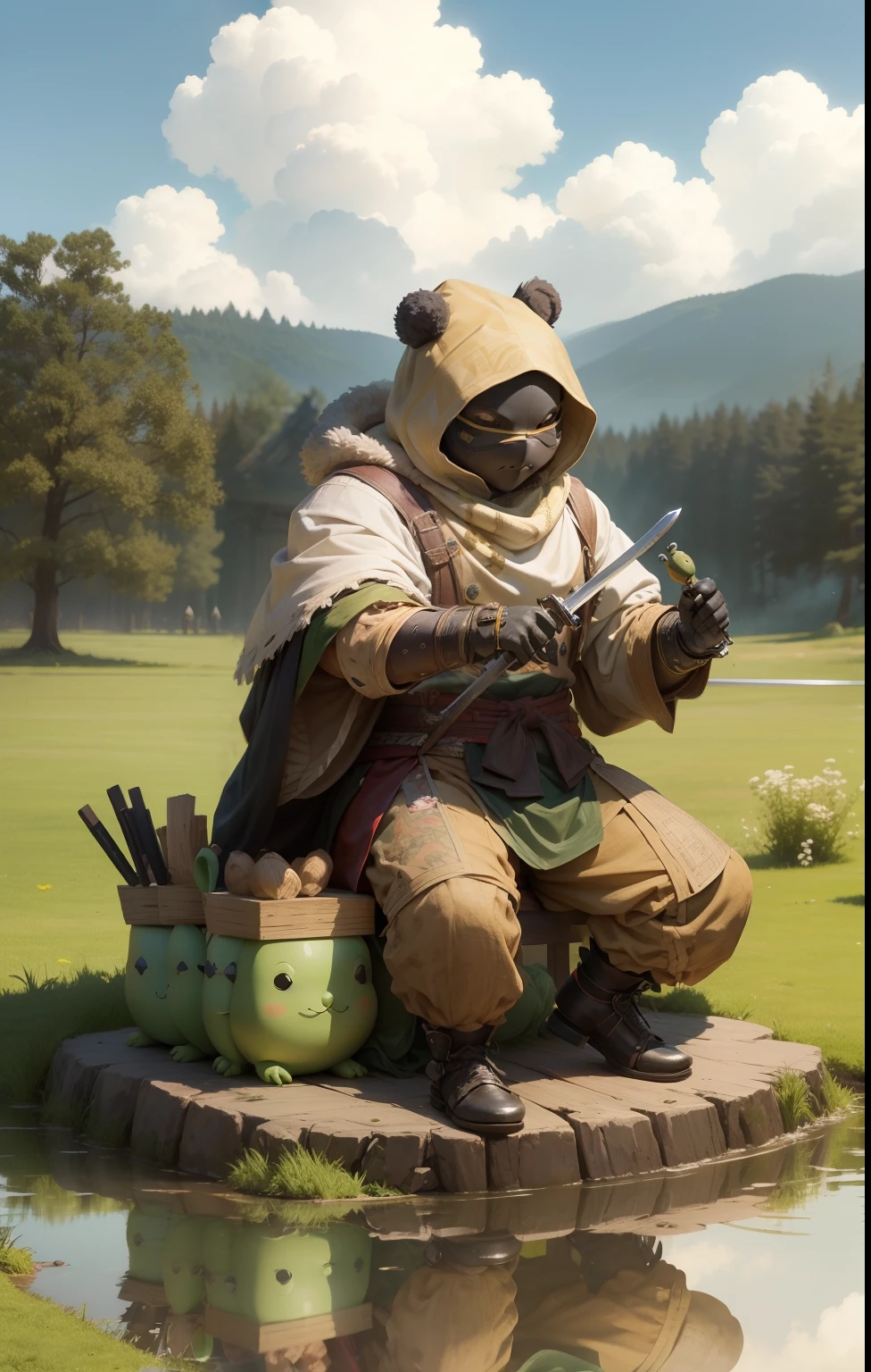 (On parchment paper, Characteristic Leaf), A full body shot, Long shot of cute green humanoid bandit frogs with bandana on their head, Character sheet of old parchment paper with 24K resolution, high detail, photo realism, Realistic sketch, Rough sketch, mix of bold dark lines and loose lines, bold lines, humanoid, centered, Focus on character, Large Samurai Sword, and automatons and fluffy rabbit feet, Рафф Баттл носит Visage Dusty Cute.