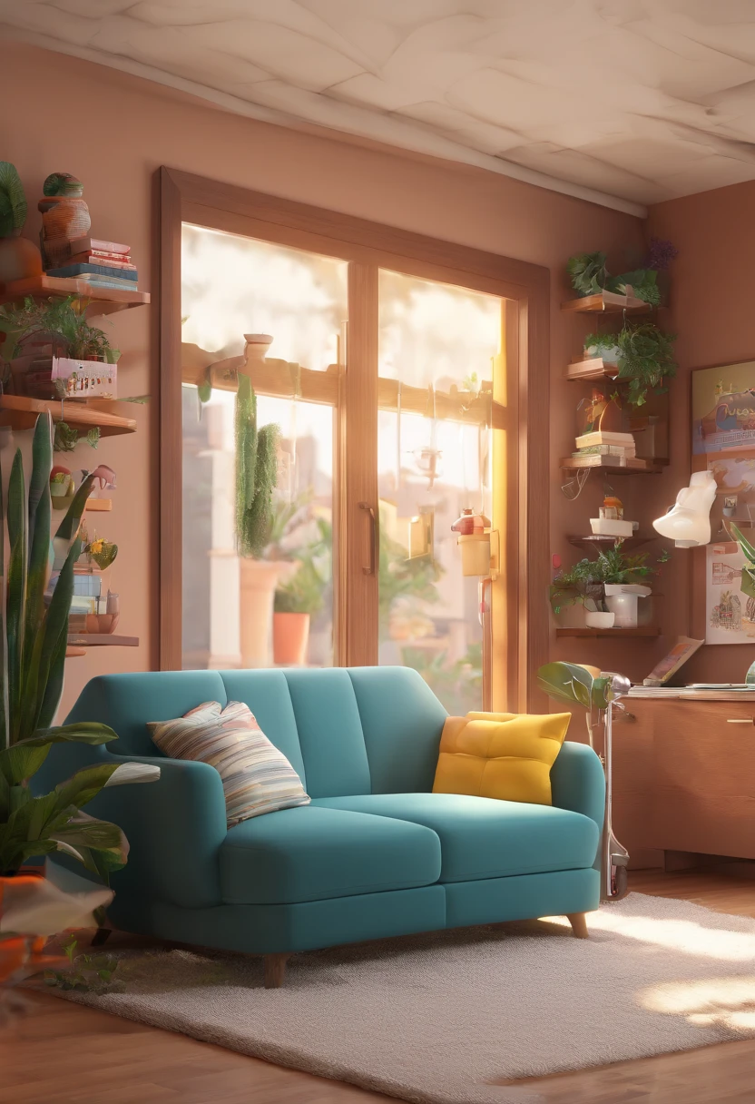 Modern and elegant furniture store cartoon, 3D Animation Movie Poster, Poster de filme animado, pixar 3 d animation style, pixar renderman rendering, maia 8 mil, animated film, Disney Pixar Estilo 3D, vendedoras felizes, all wearing black shirts and long pants, furnitures, frente de loja escrito VERO DESIGN, Disney Pixar Animation Poster