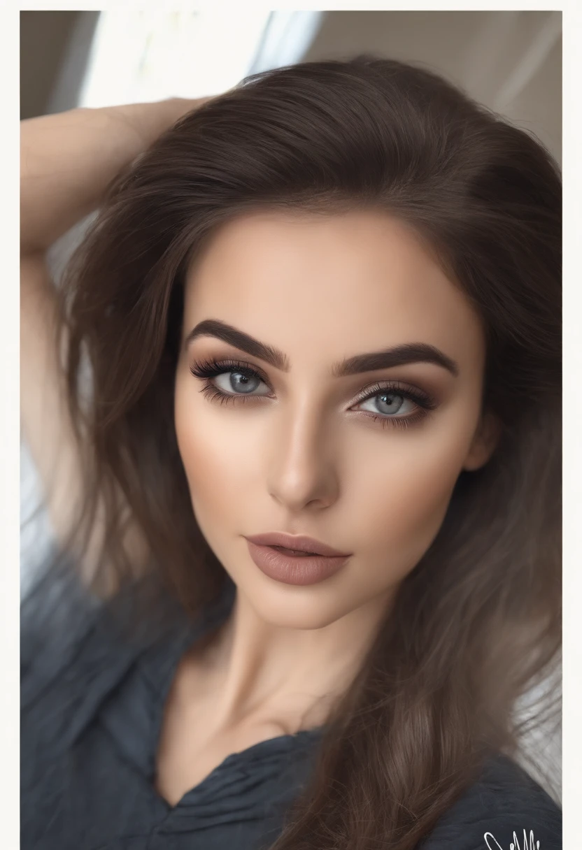 Arafed woman completely , fille sexy aux yeux bruns, ultra realist, Meticulously detailed, Portrait Sophie Mudd, cheveux bruns et grands yeux, selfie of a young woman, Dubai Eyes, Violet Myers, sans maquillage, maquillage naturel, looking straight at camera, Visage avec Artgram, Maquillage subtil, Great photo of the whole body kneeling on the bed, dans la chambre, Medium to large bust