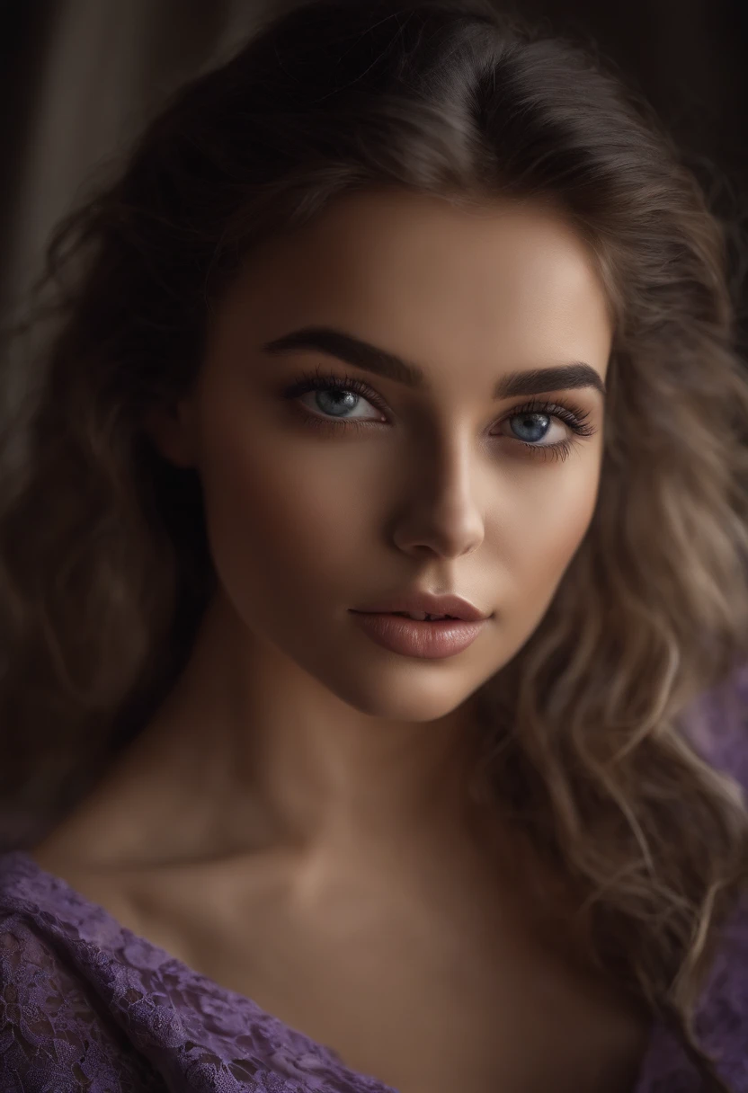 Arafed woman completely , fille sexy aux yeux bruns, ultra realist, Meticulously detailed, Portrait Sophie Mudd, cheveux bruns et grands yeux, selfie of a young woman, Dubai Eyes, Violet Myers, sans maquillage, maquillage naturel, looking straight at camera, Visage avec Artgram, Maquillage subtil, Great photo of the whole body kneeling on the bed, dans la chambre, Medium to large bust