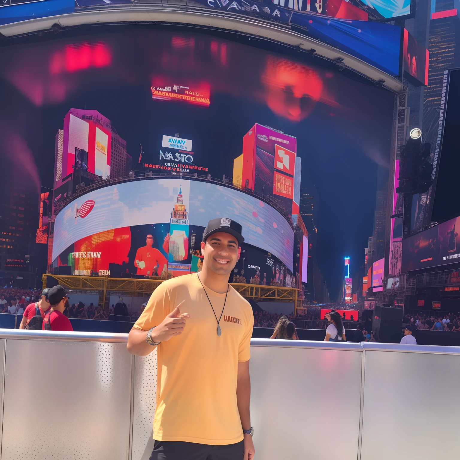 Arafed man standing in front of a stage with a big screen, Tomorrowland, foto de perfil 1024px, standing in time square, tiradas em 2022, Fotografia tirada em 2 0 2 0, no palco, standing in times square, em Times Square, background is celestial, imagem de qualidade muito baixa, in time square, festival vibes