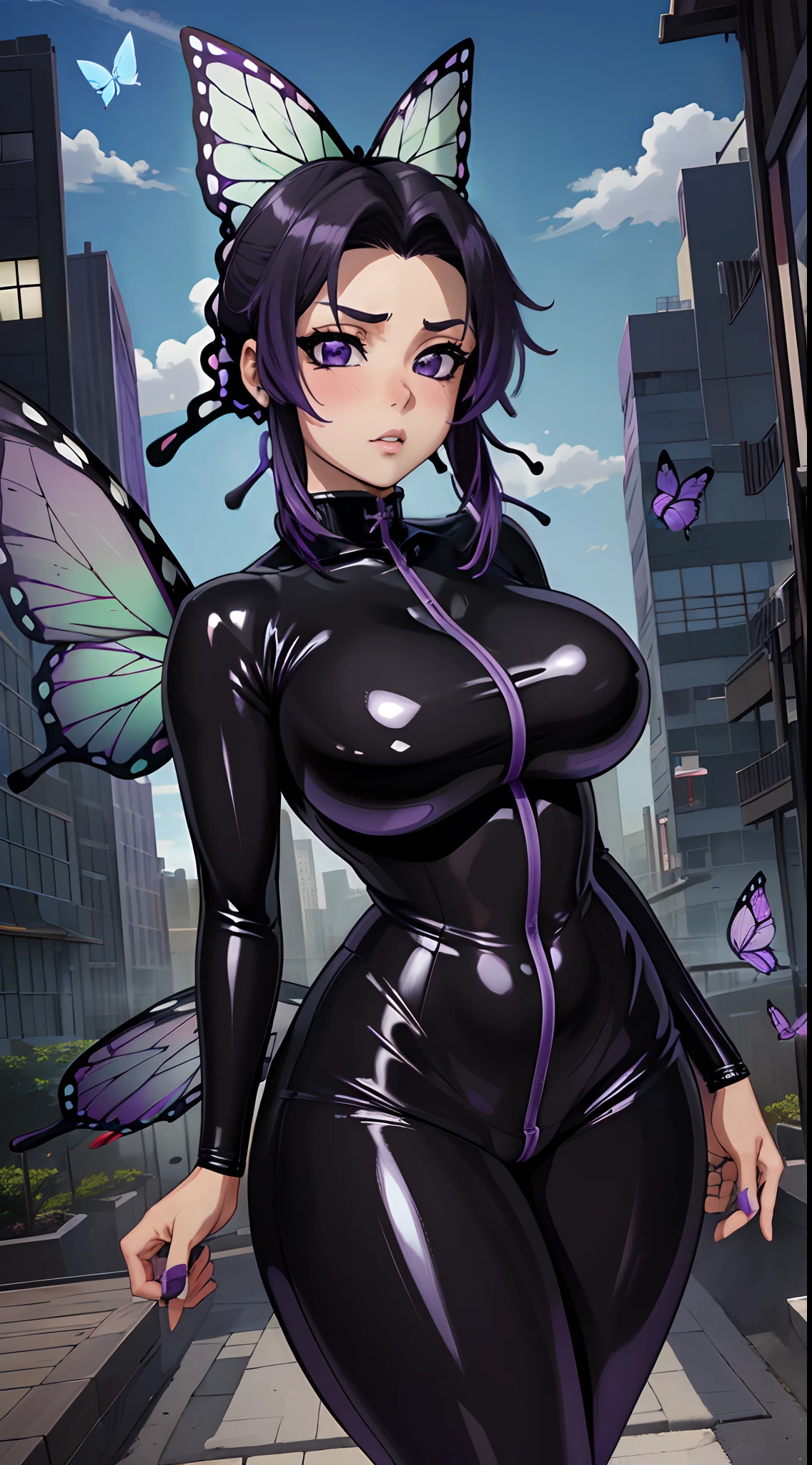 (melhor qualidade:1.3), (qualidade 4K), Shinobu Kocho by demon slayer, (((hair purple and black))), ((detailed face)), ((curvy body)), (peitos grandes), clivagem, sexy, ((body suit latex)), ((city)), ((butterfly)),